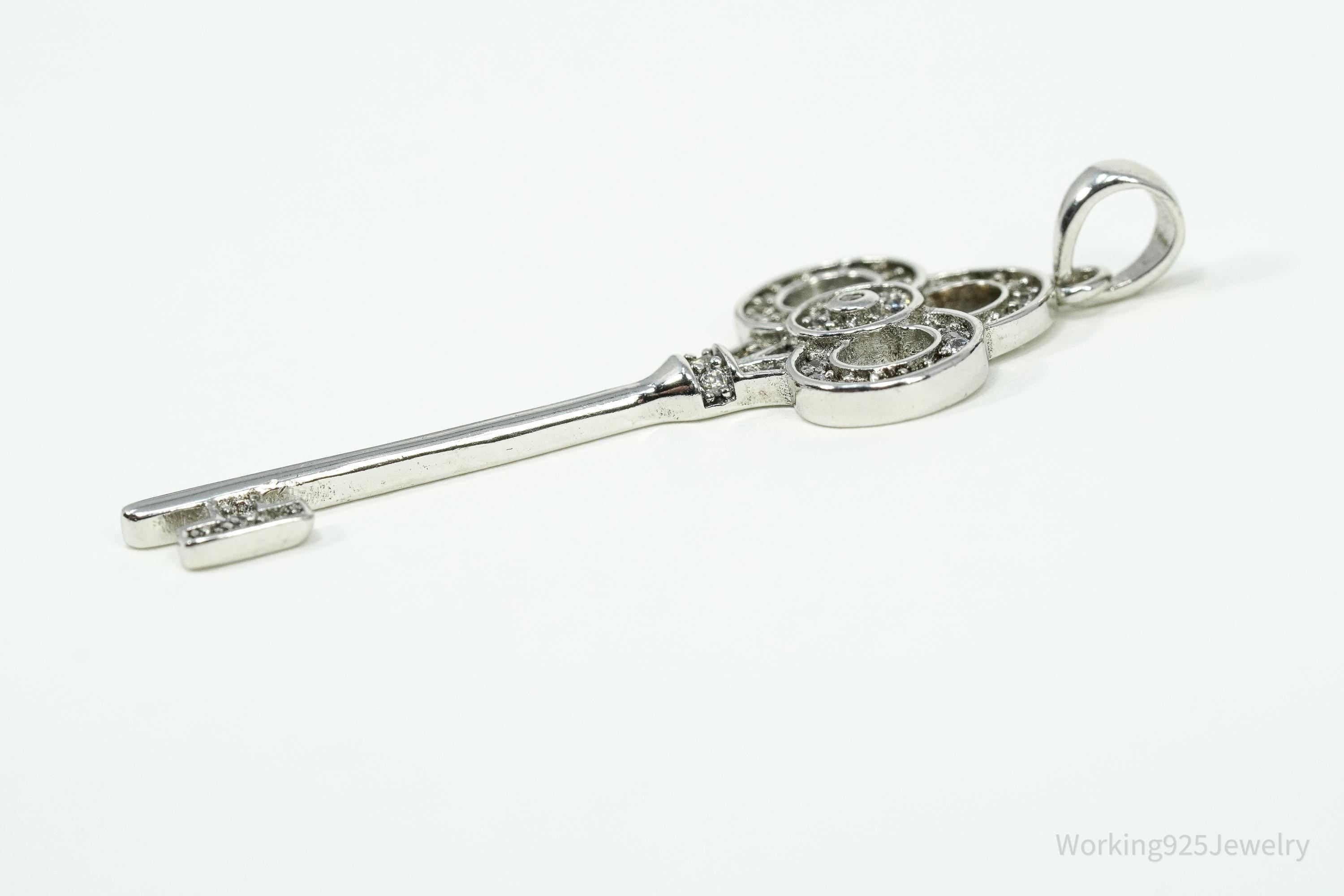 Vintage Cubic Zirconia Sterling Silver Key Pendant 1 11/16"