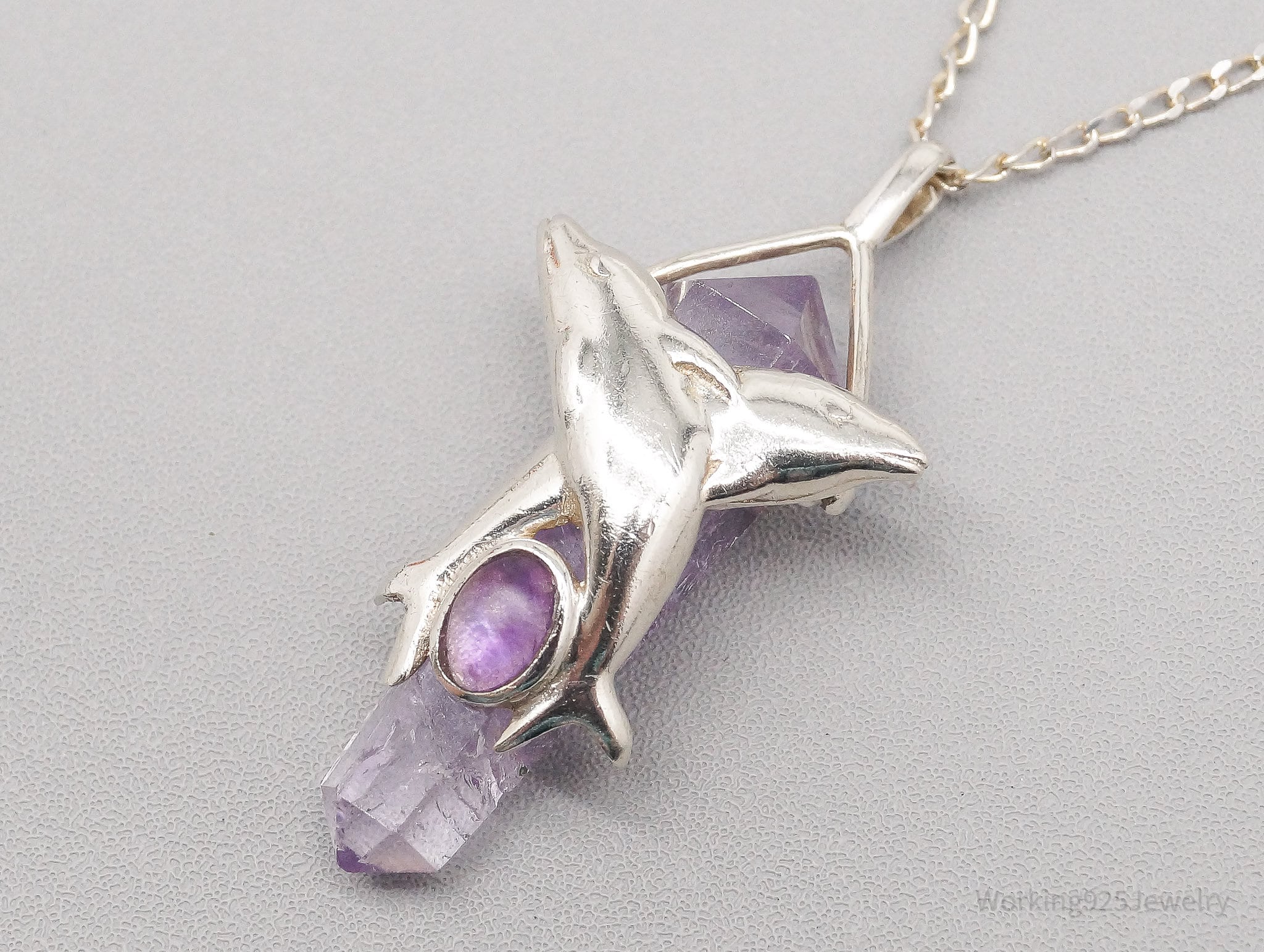 Vintage Amethyst Crystal Dolphins Sterling Silver Necklace 16"