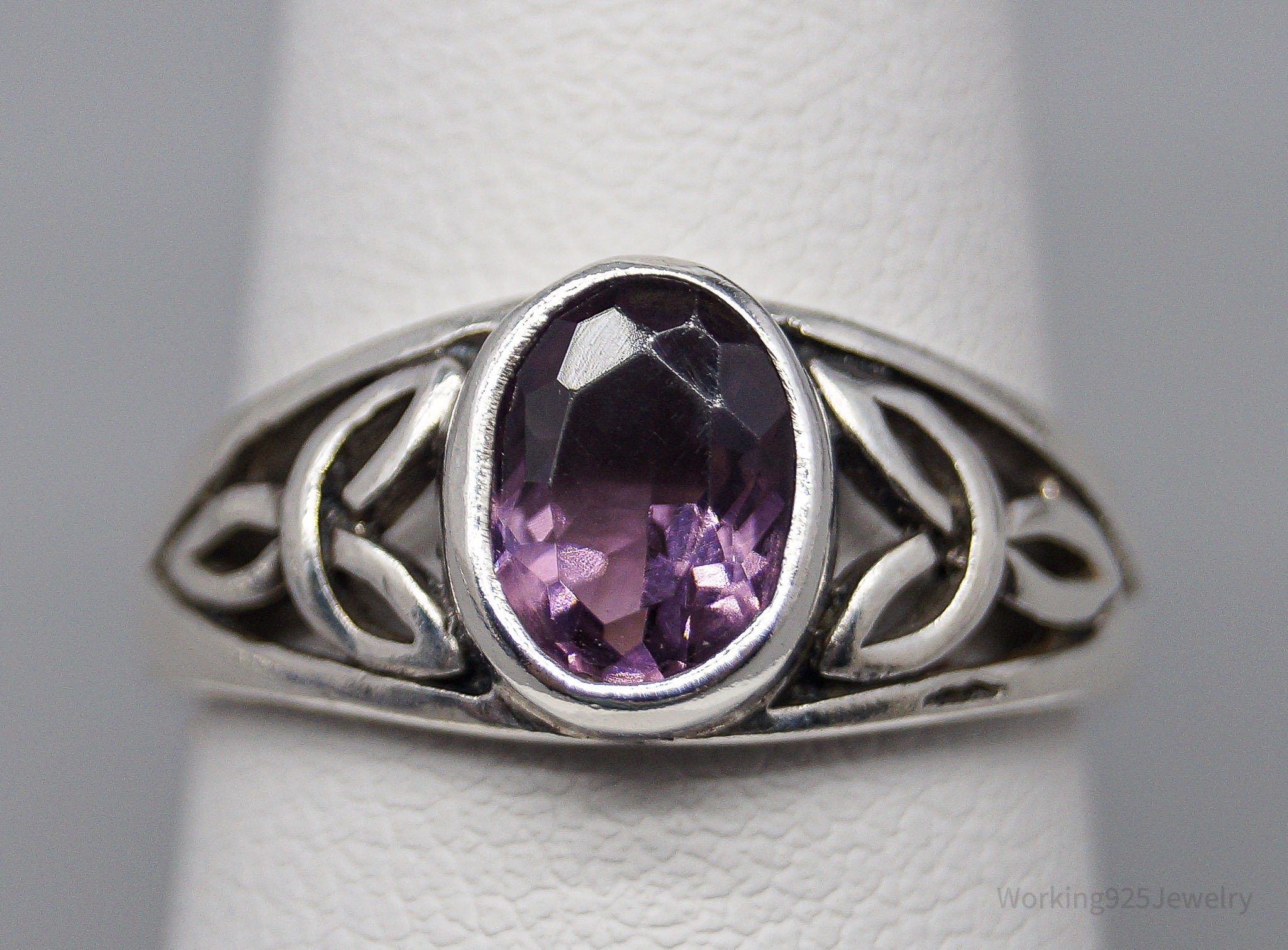 Vintage Amethyst Trinity Celtic Knot Sterling Silver Ring - Size 7