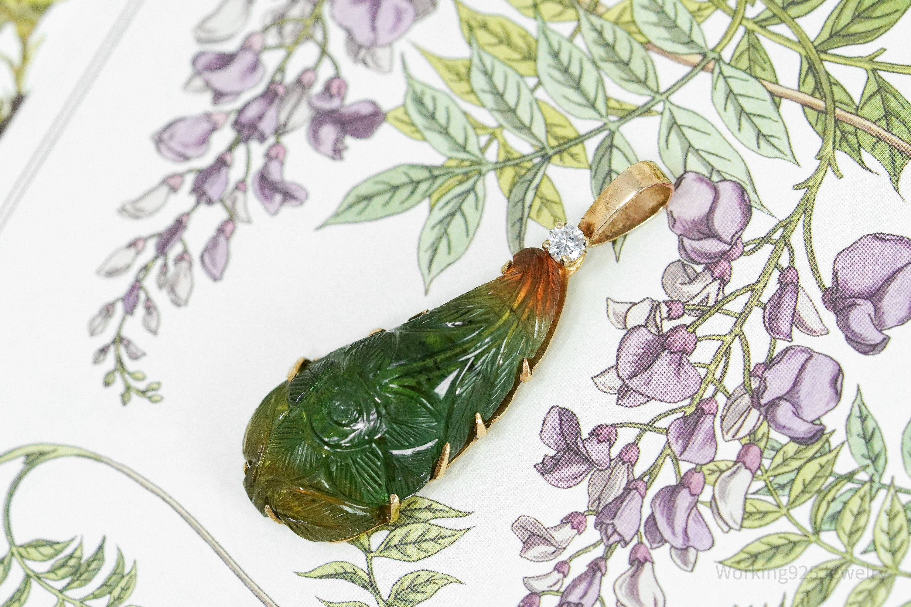 Diamond & Natural Tourmaline 14K Yellow Gold Necklace Pendant