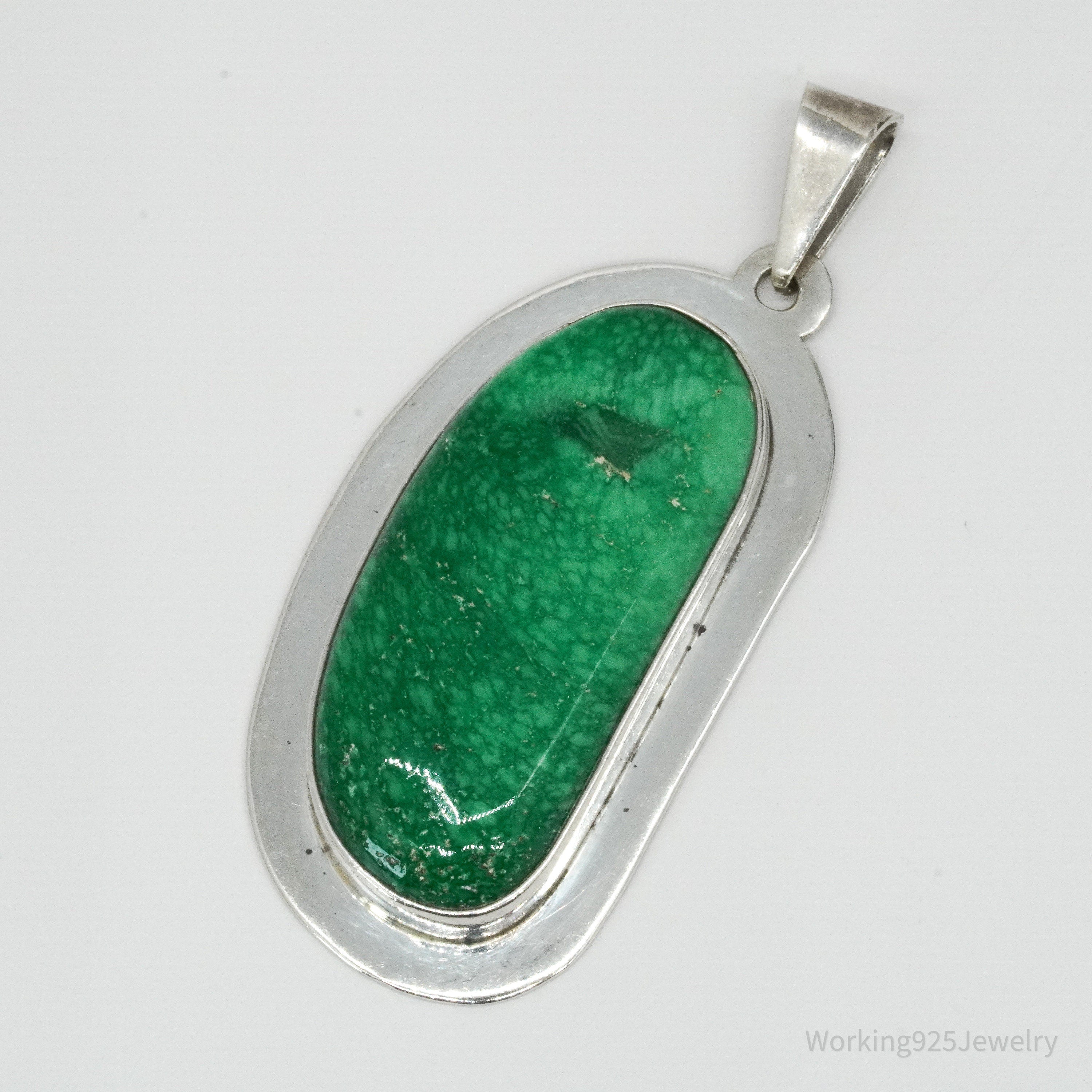 Vintage Large Mexico Modernist AIS Green Stone Sterling Silver Pendant 2 5/16"