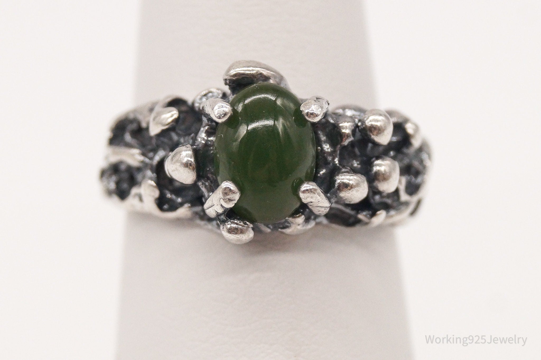 Vintage Nephrite Brutalist Sterling Silver Ring - Size 5.5