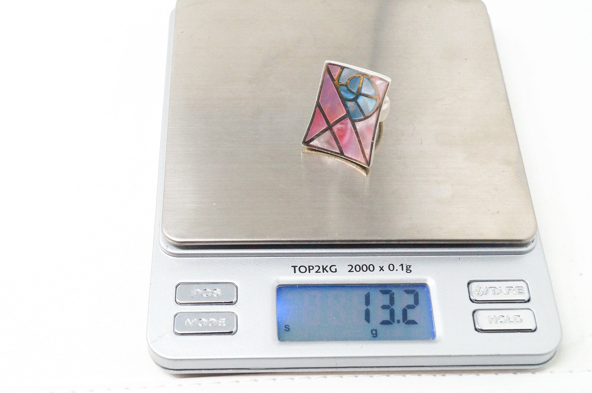 Vintage Pink Blue Mother Of Pearl Pearl Art Deco Ring Sterling Silver Sz 5.5