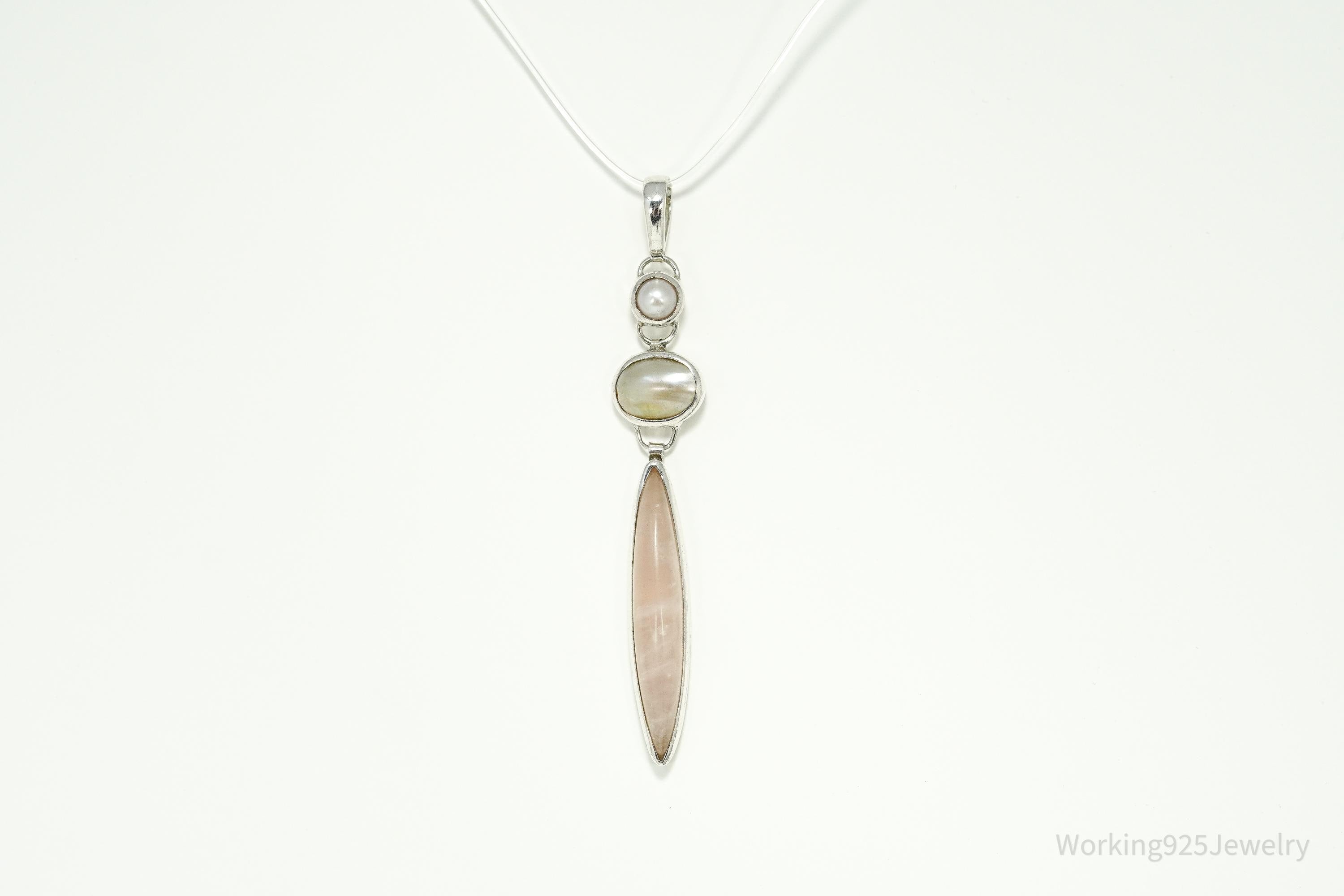 Vintage Rose Quartz Mother Of Pearl & Pearl Sterling Silver Pendant