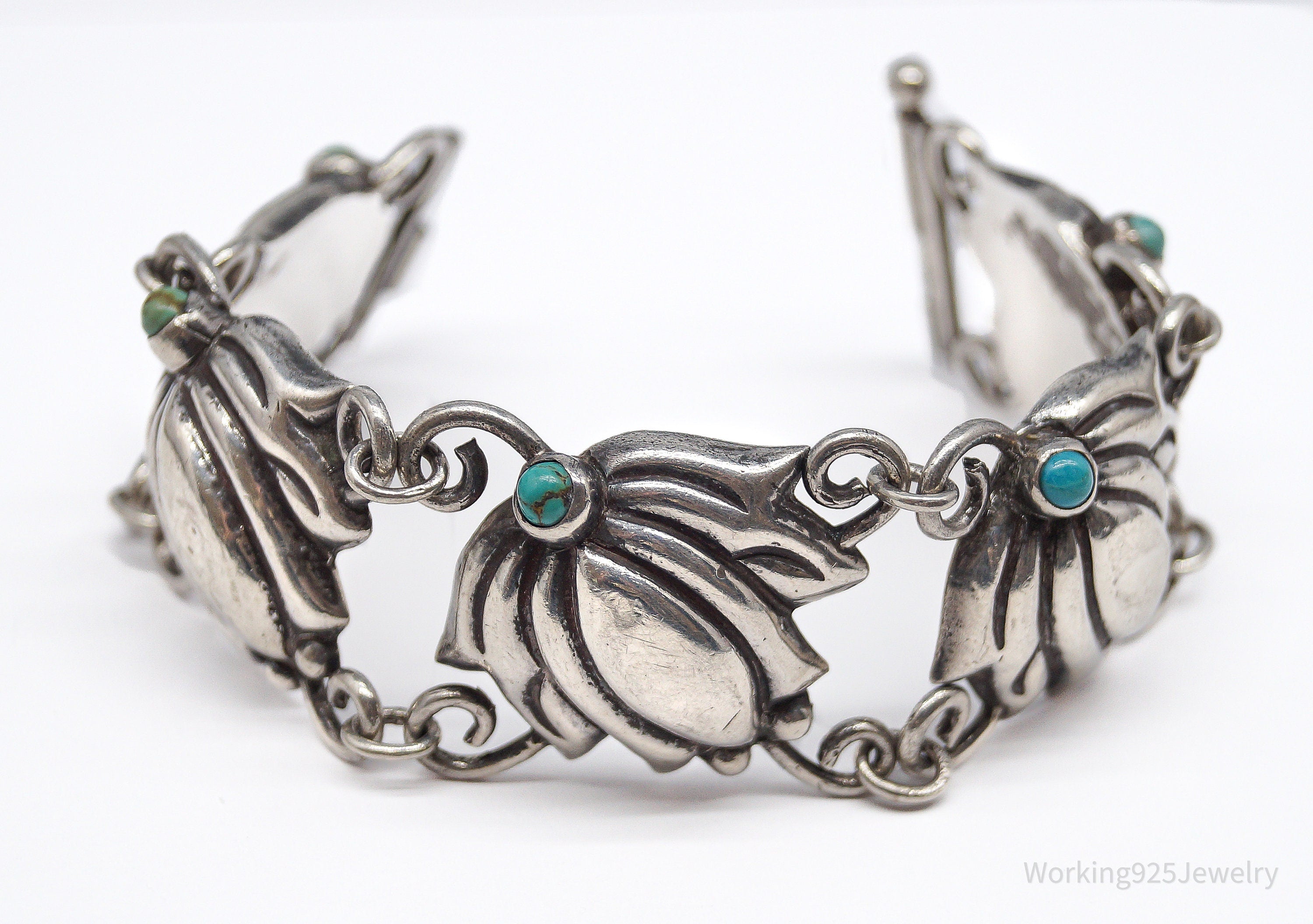 Vintage Mexico Blue Turquoise Inlay & Flowers Silver Bracelet - 7.75"