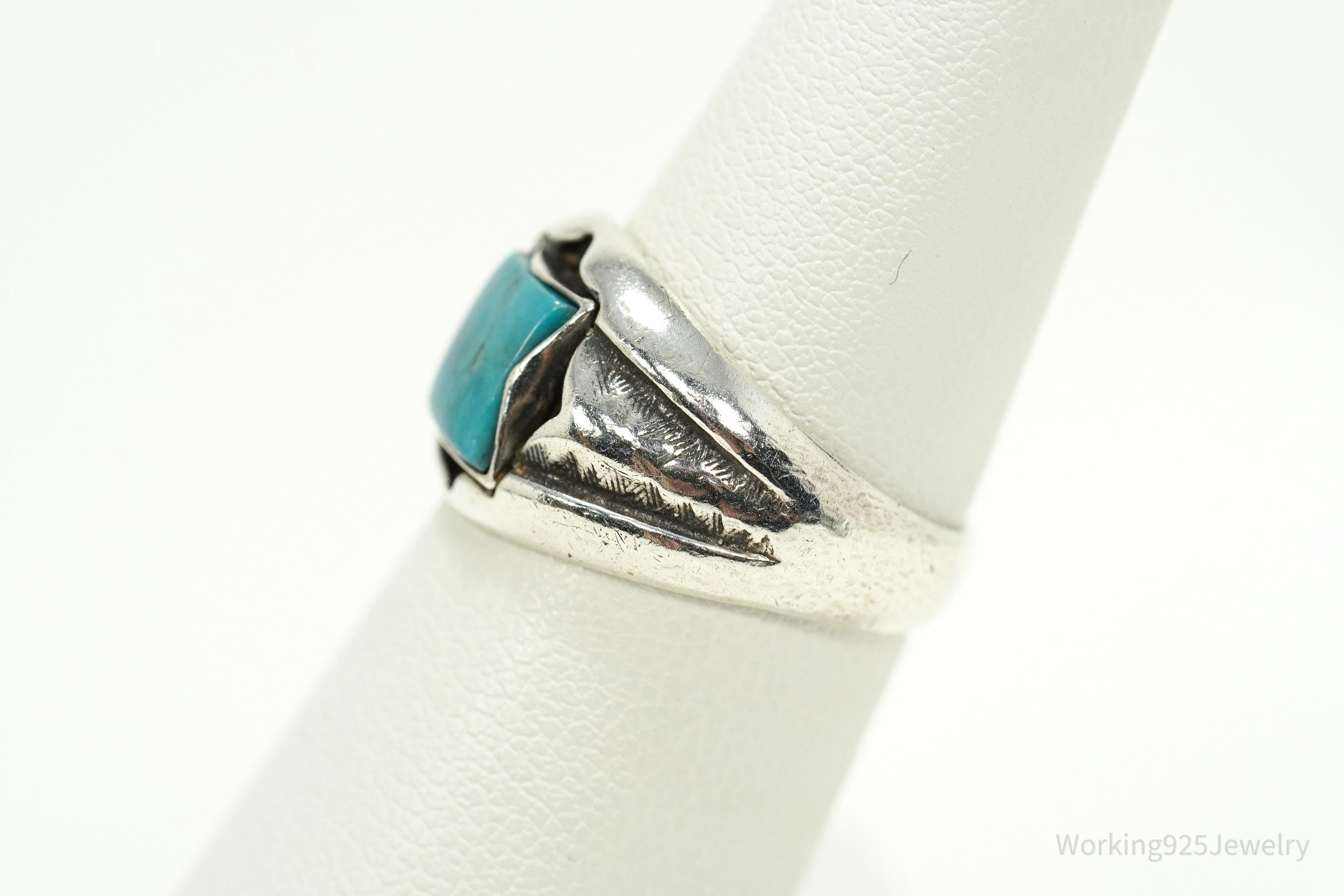 Vintage Native American Signed JP Turquoise Sterling Silver Ring - Size 6.25