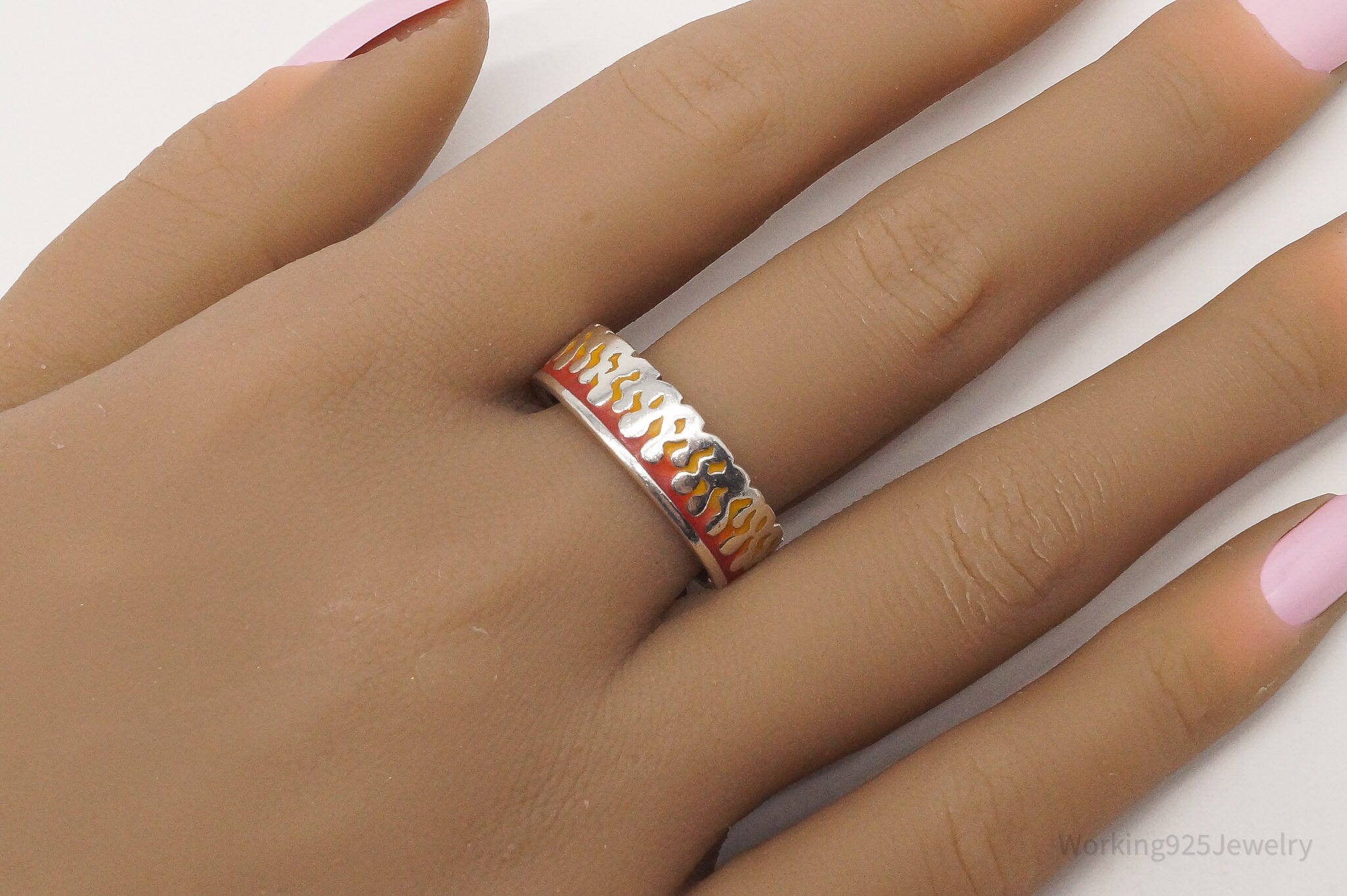 Vintage PSCL Fire Flames Enamel Sterling Silver Band Ring - Size 10.75