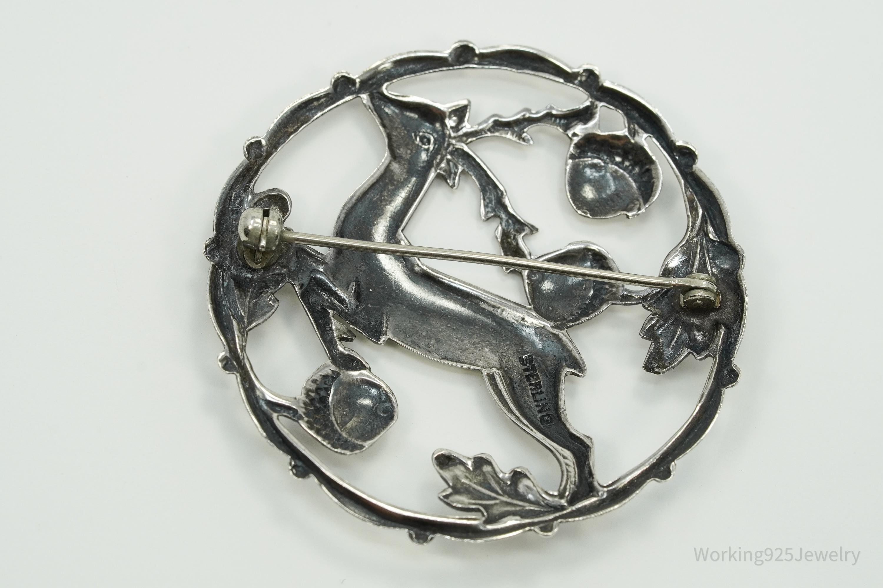 Large Antique Deer & Acorns Sterling Silver Brooch Pin