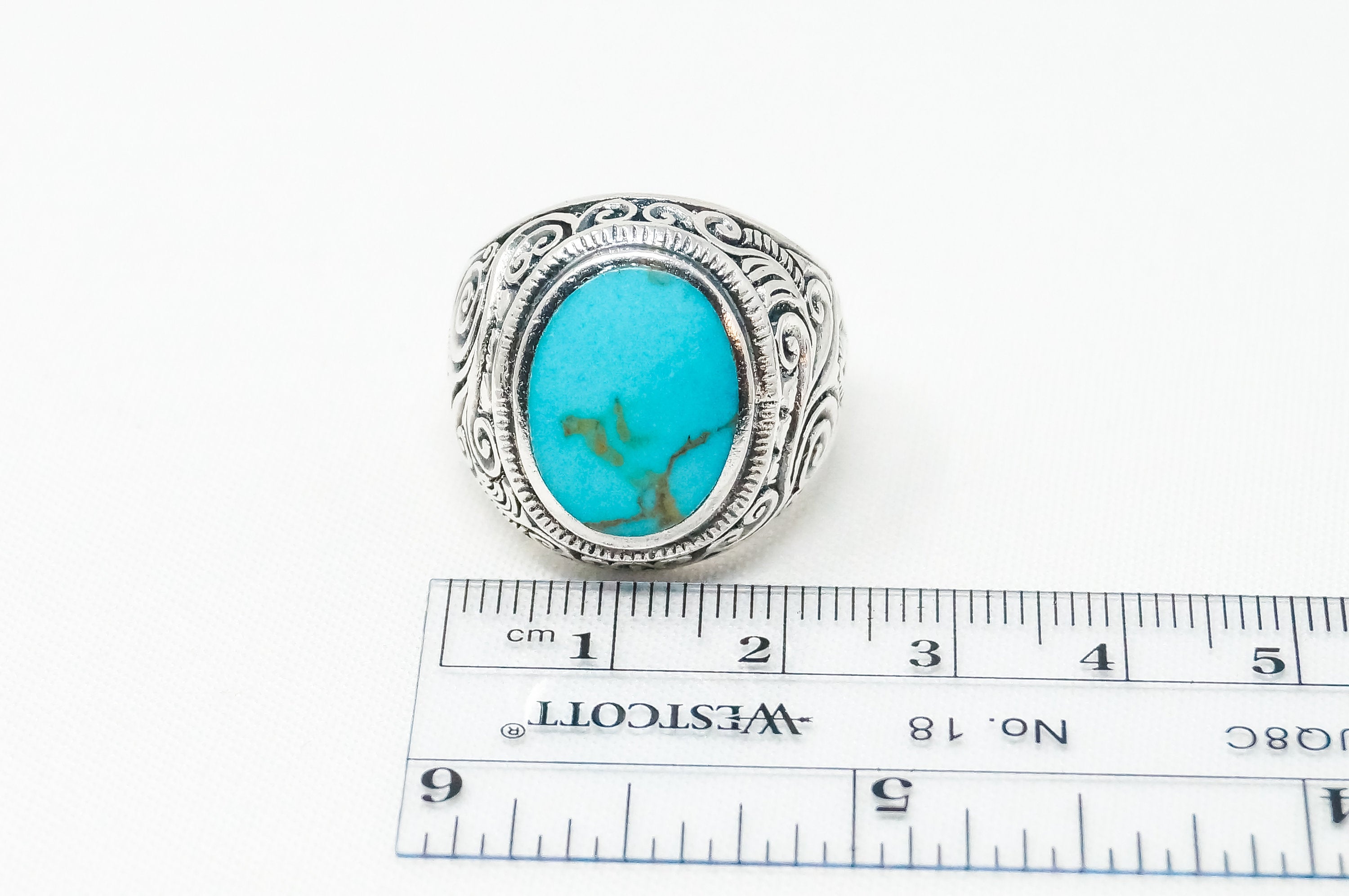 Vintage Large Turquoise Etched Scroll Design Sterling Silver Ring - Sz 10