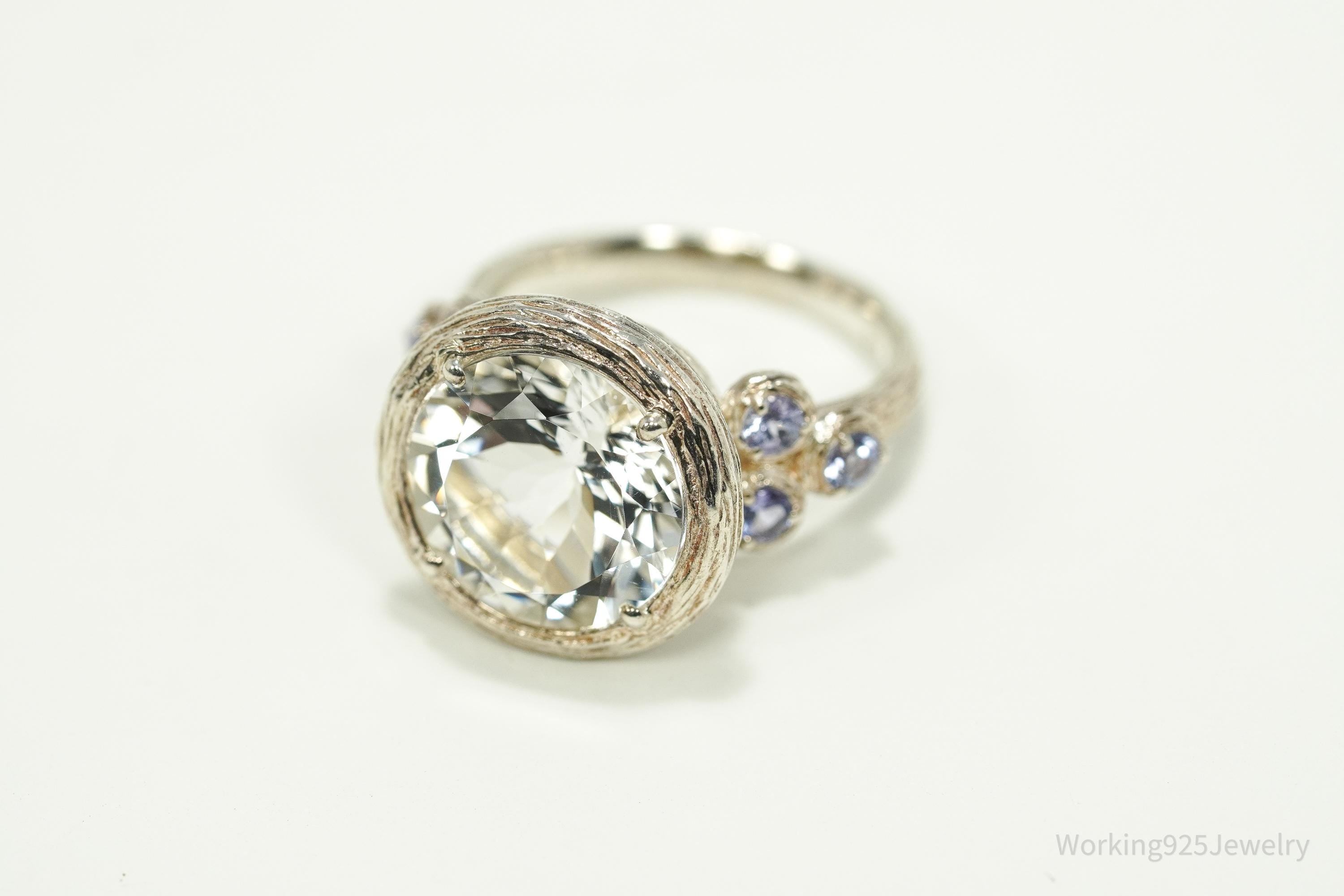 Vintage Israel Designer Paz PZ Clear Quartz & Tanzanite Sterling Silver Ring - Size 6.25