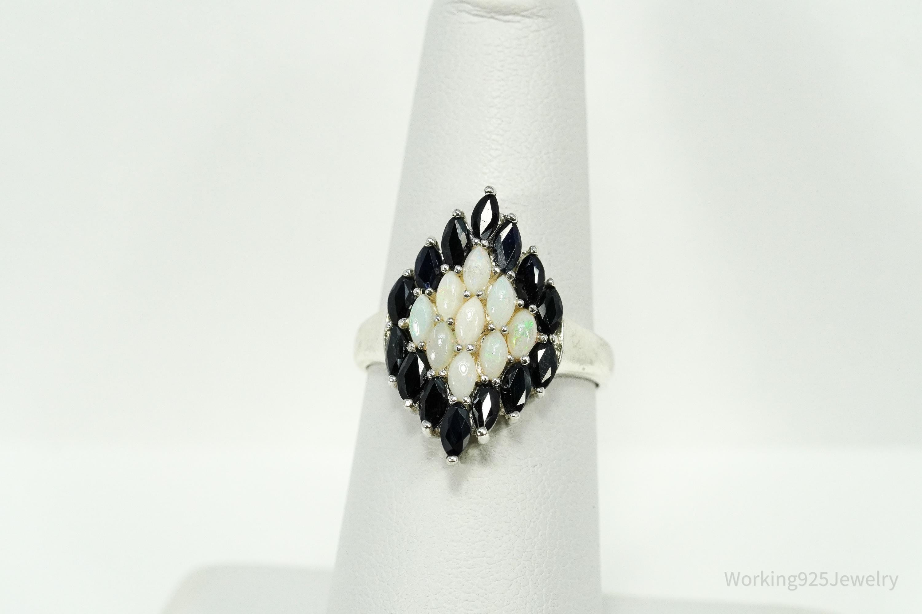 Vintage Opal & Blue Sapphire Sterling Silver Ring - Size 7