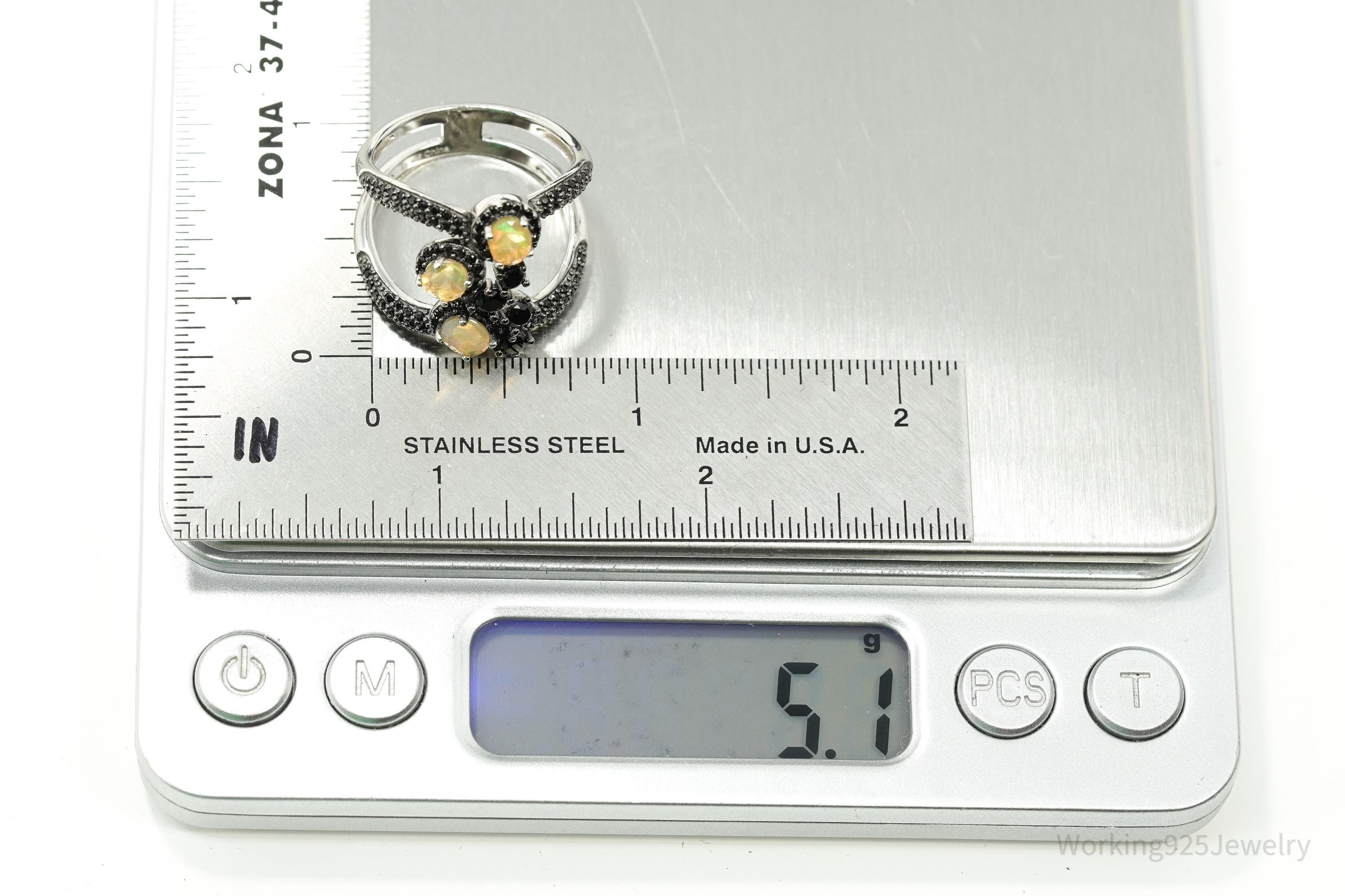 Vintage Opal & Black Spinel Sterling Silver Statement Ring – Size 9