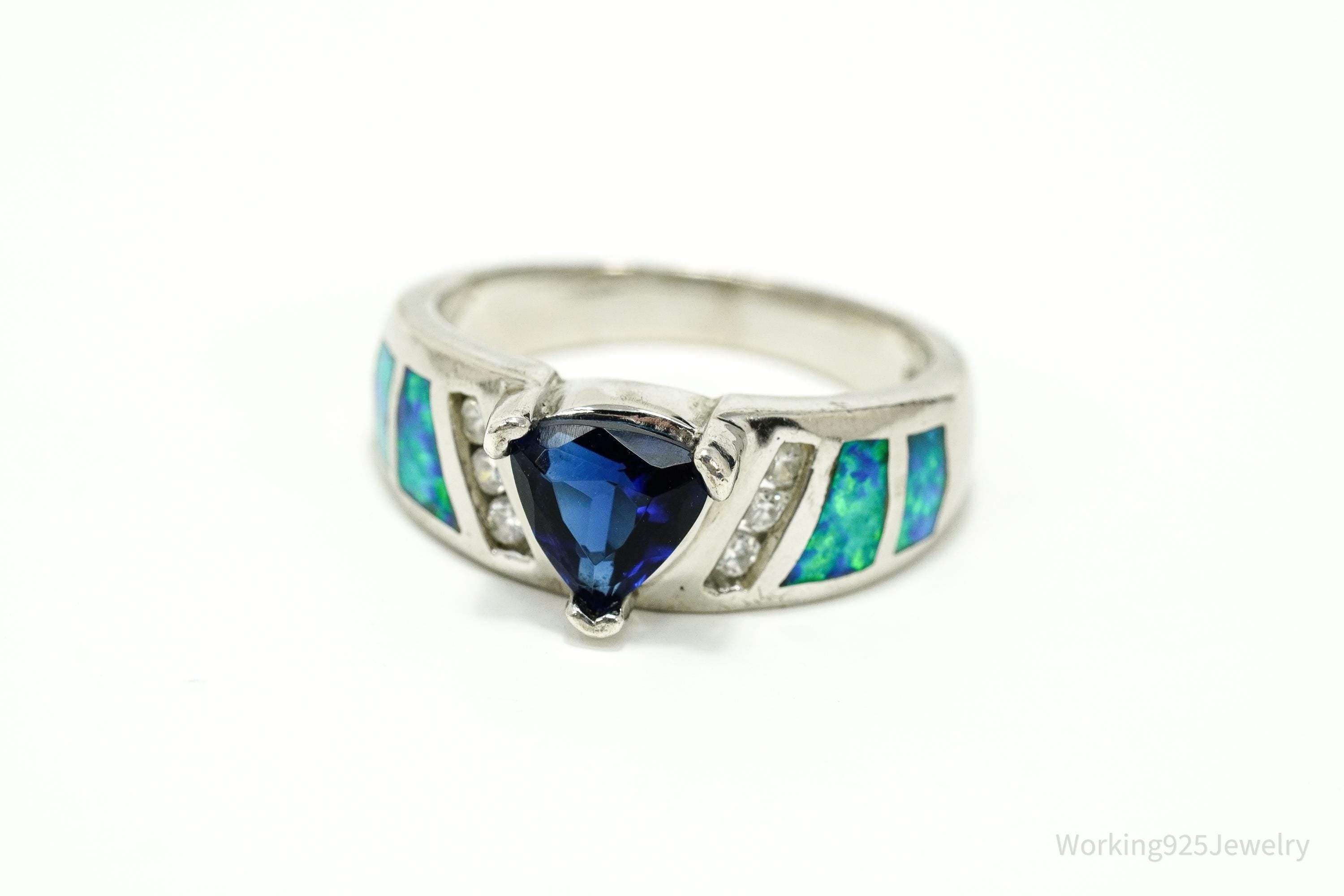 Vintage Lab Created Sapphire Cubic Zirconia Opal Sterling Silver Ring - Size 7.75