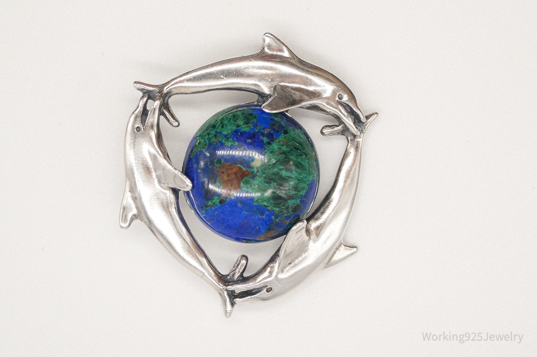 Vintage Large Azurite-Malachite Dolphins World Peace Sterling Silver Brooch