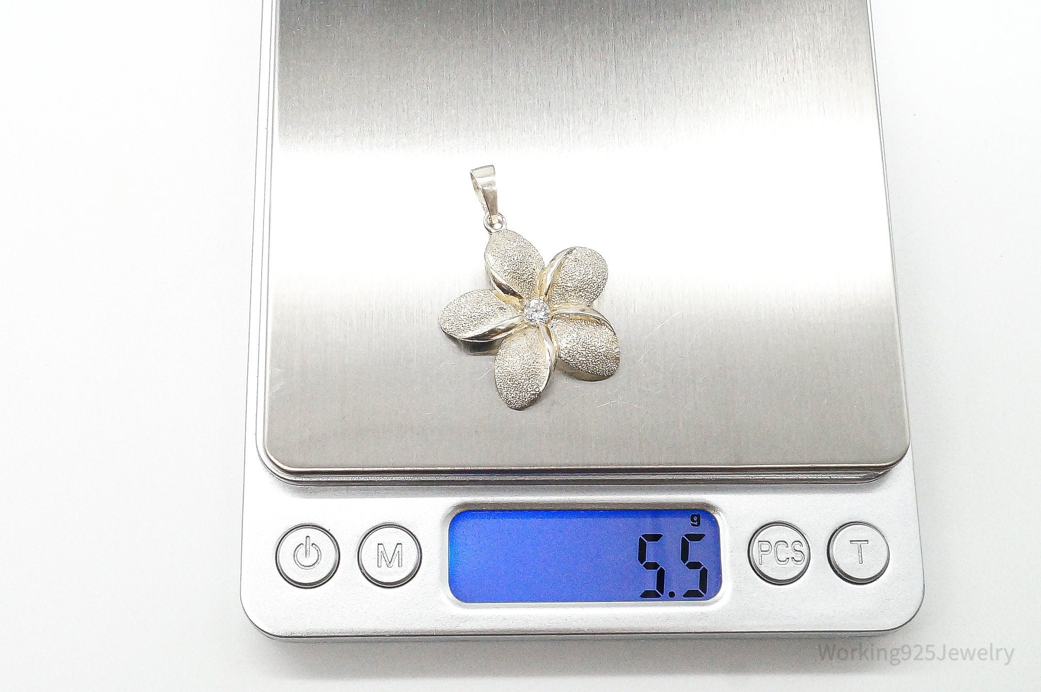 Large Vintage Cubic Zirconia Flower Sterling Silver Pendant