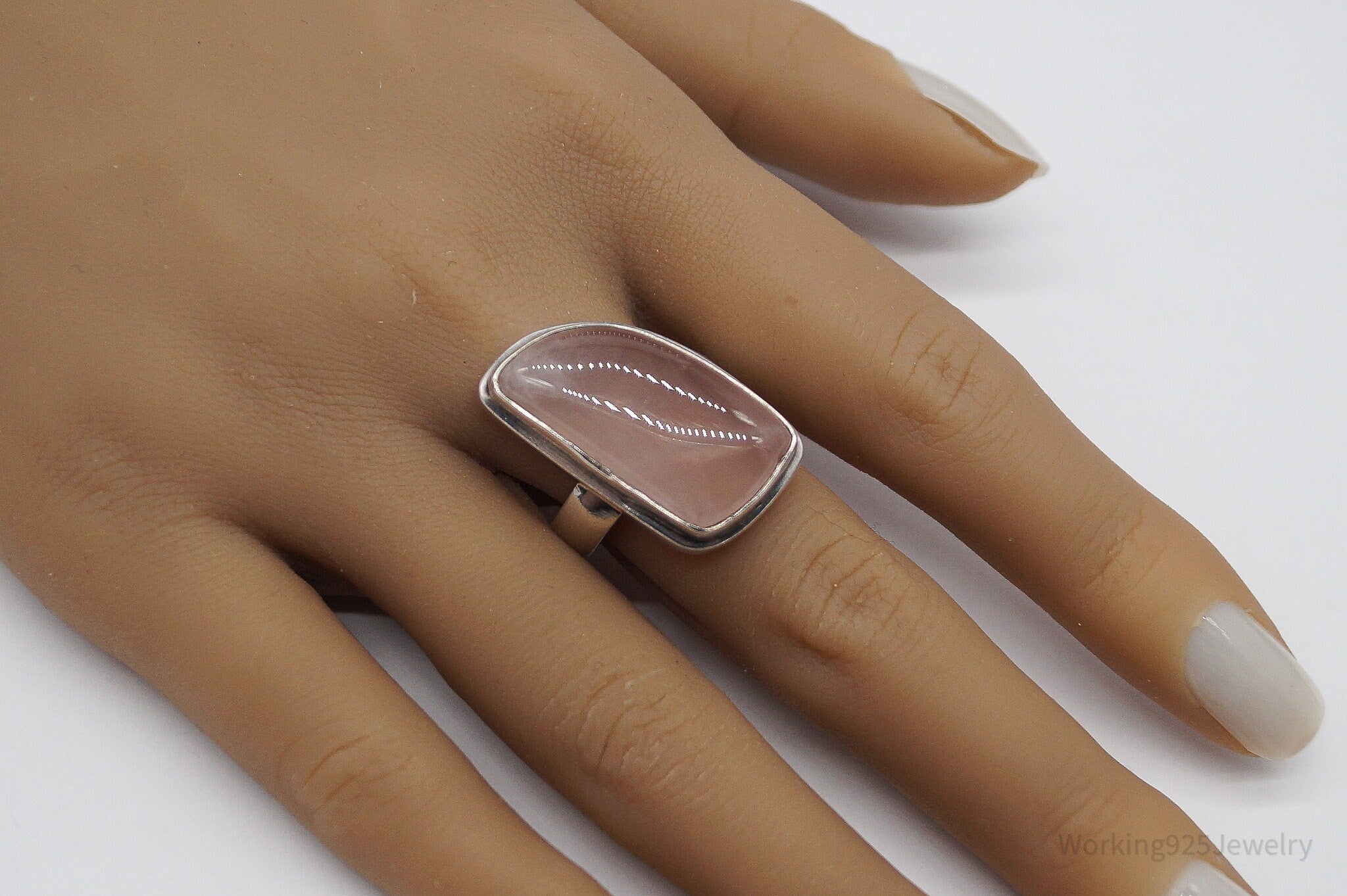 Vintage Large Pink Chalcedony Sterling Silver Ring - Size 8.75