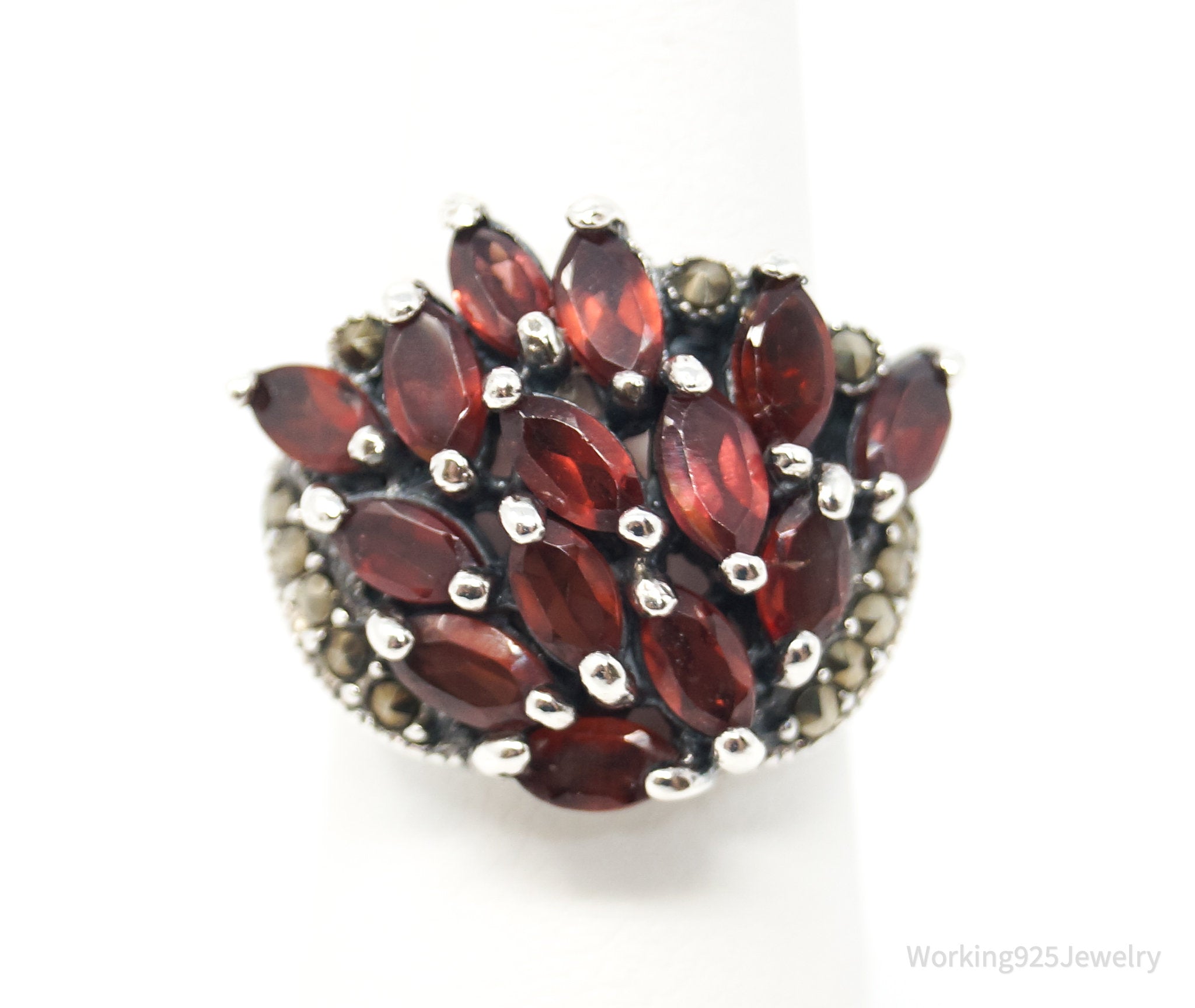 Vtg Art Deco Style Garnet Marcasite Statement Ring Sterling Silver - Sz 6