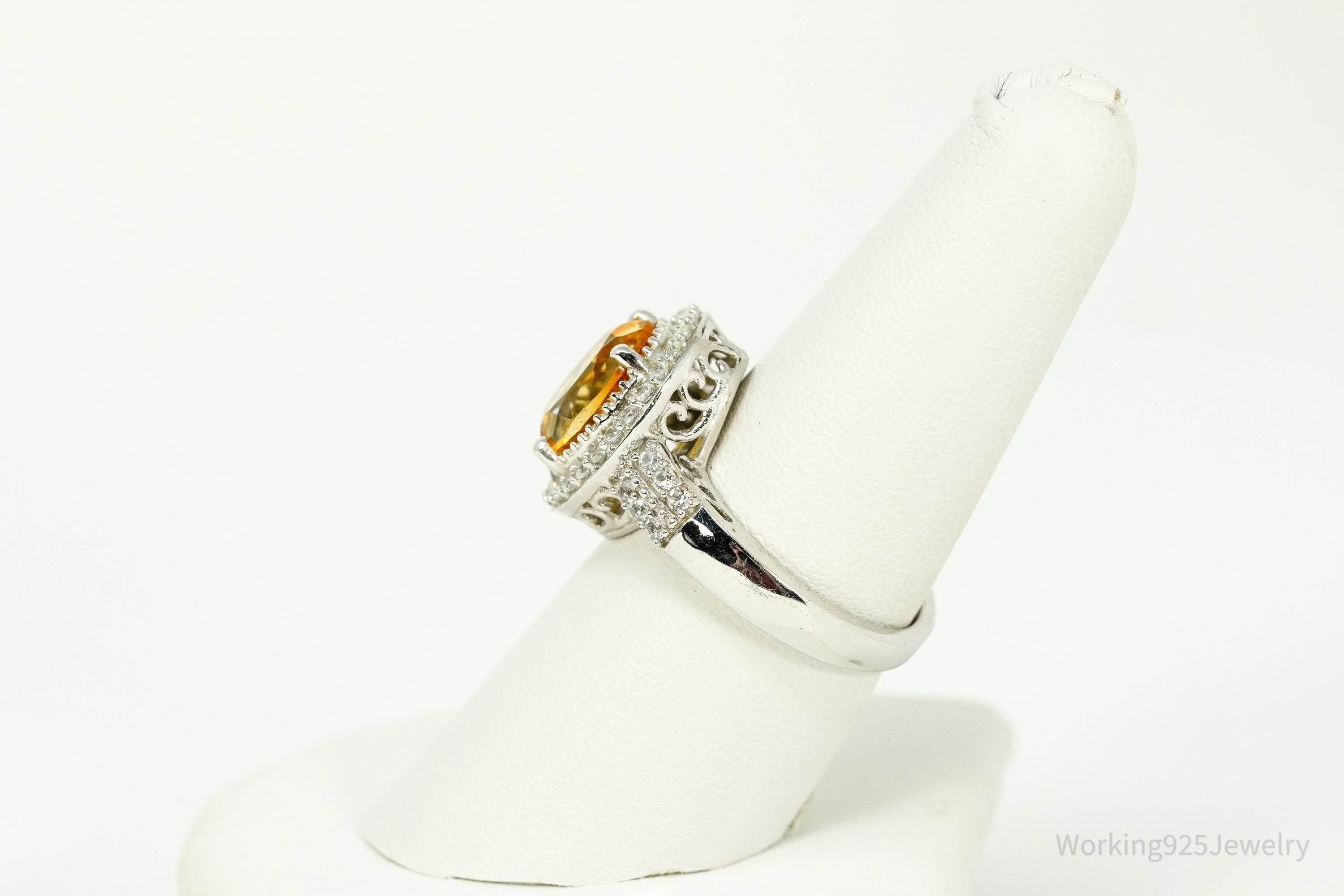 Vintage Large Citrine & Cubic Zirconia Sterling Silver Statement Ring - Size 8