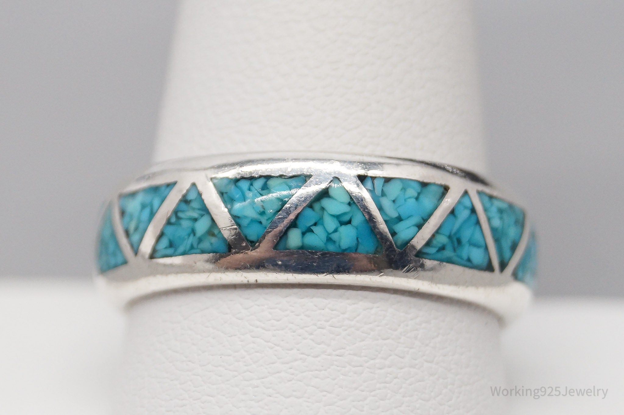 Vintage Native American Turquoise Inlay Sterling Silver Band Ring - Size 11.5