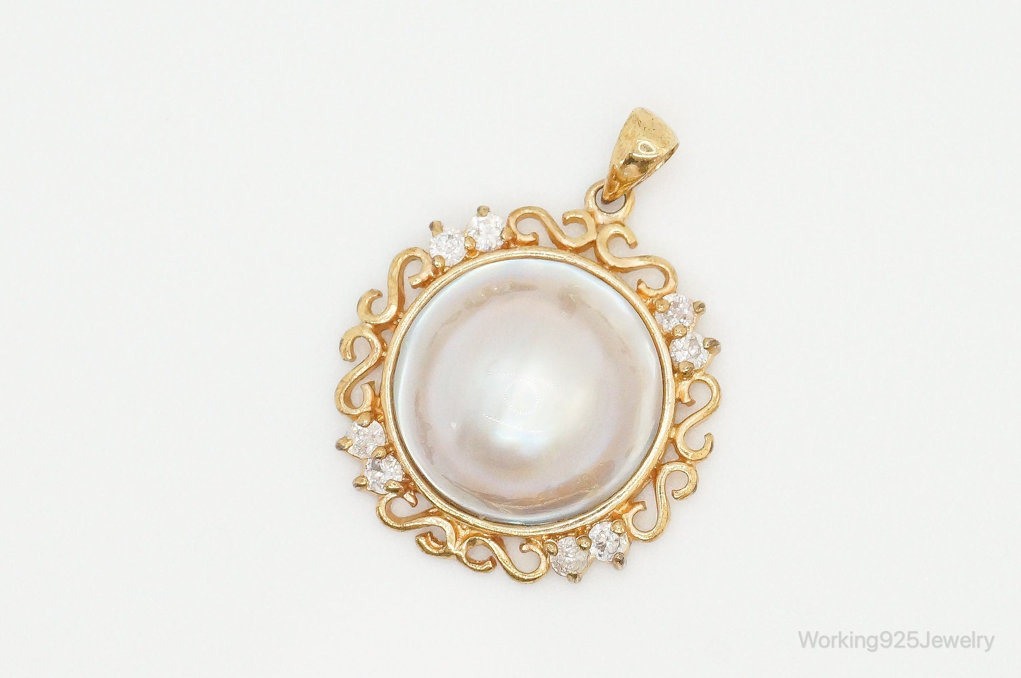 Vintage Pearl Gold Vermeil Cubic Zirconia Sterling Silver Pendant