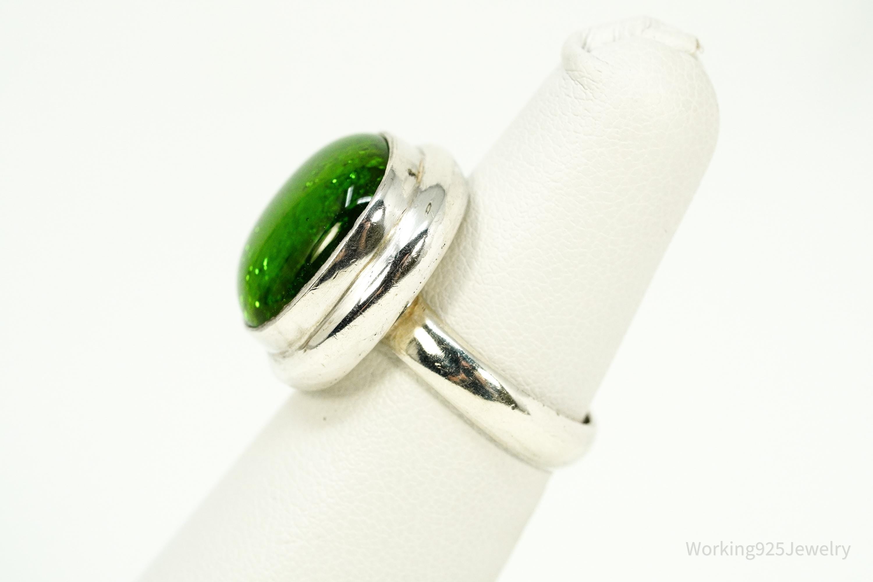 Vintage Green Dichroic Glass Sterling Silver Ring - Size 6