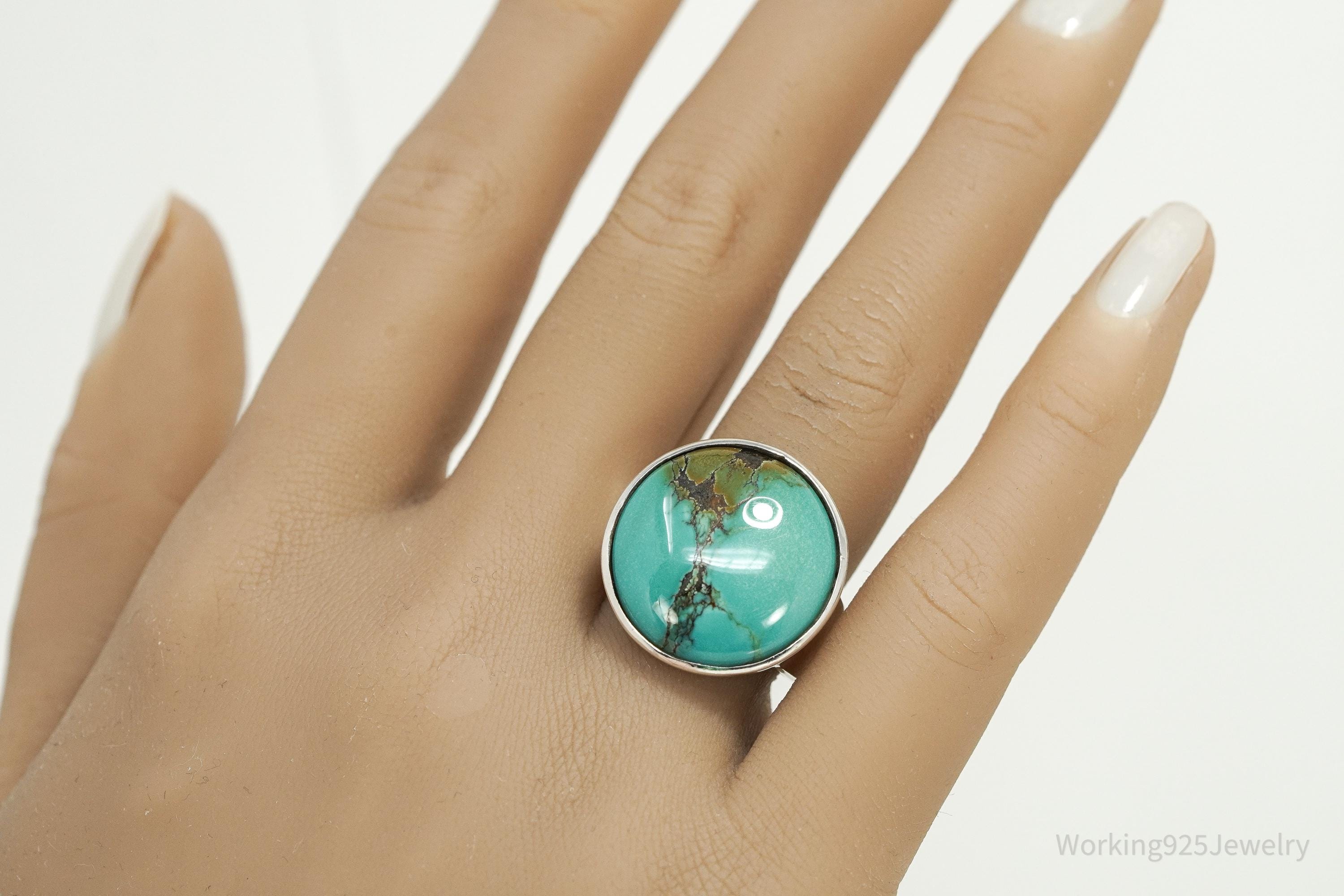Vintage Large Round Turquoise Sterling Silver Statement Ring Size 8