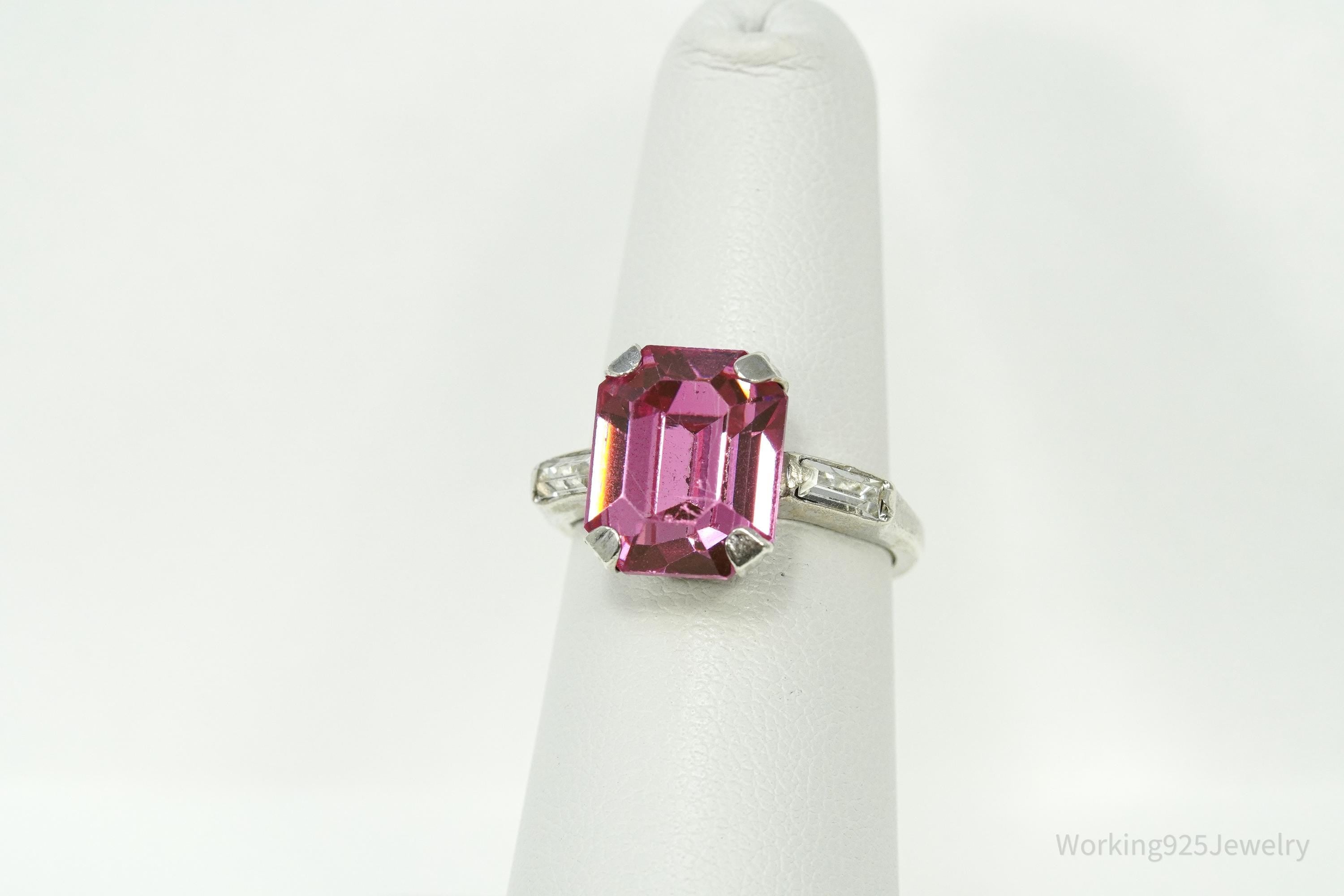Mid Century Uncas MFG Co Pink & White Stones Sterling Silver Ring - Size 6.5