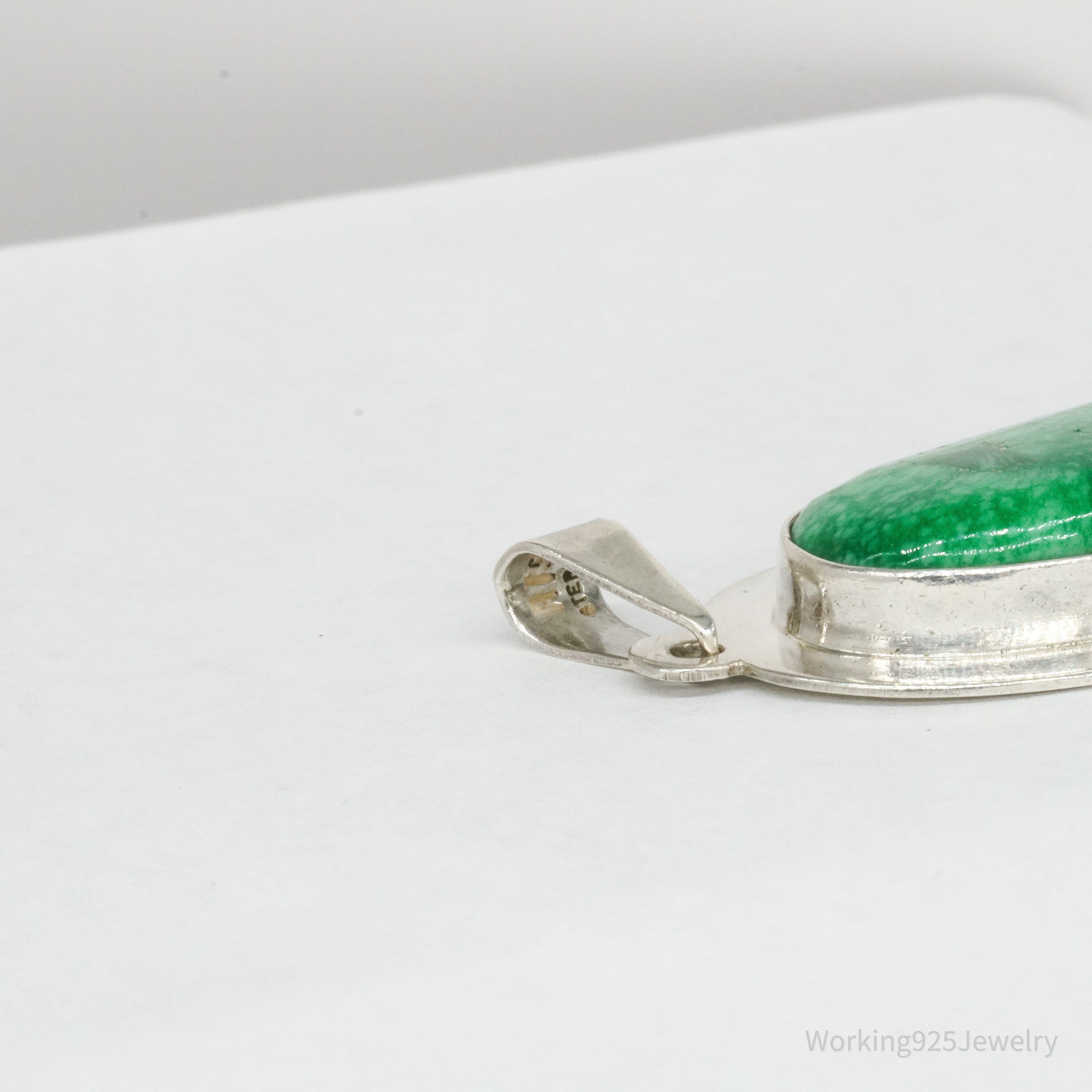 Vintage Large Mexico Modernist AIS Green Stone Sterling Silver Pendant 2 5/16"