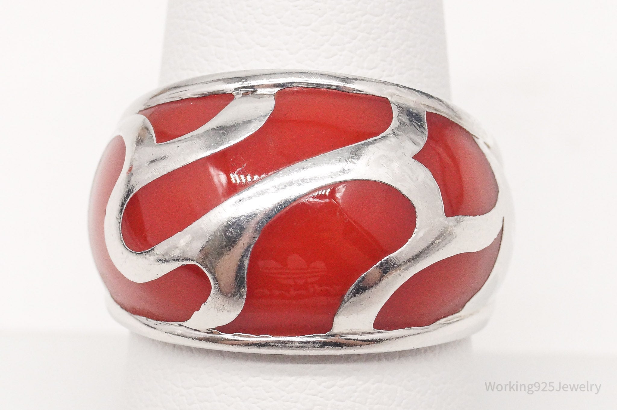 Vintage Red Enamel Sterling Silver Ring - Size 8.5