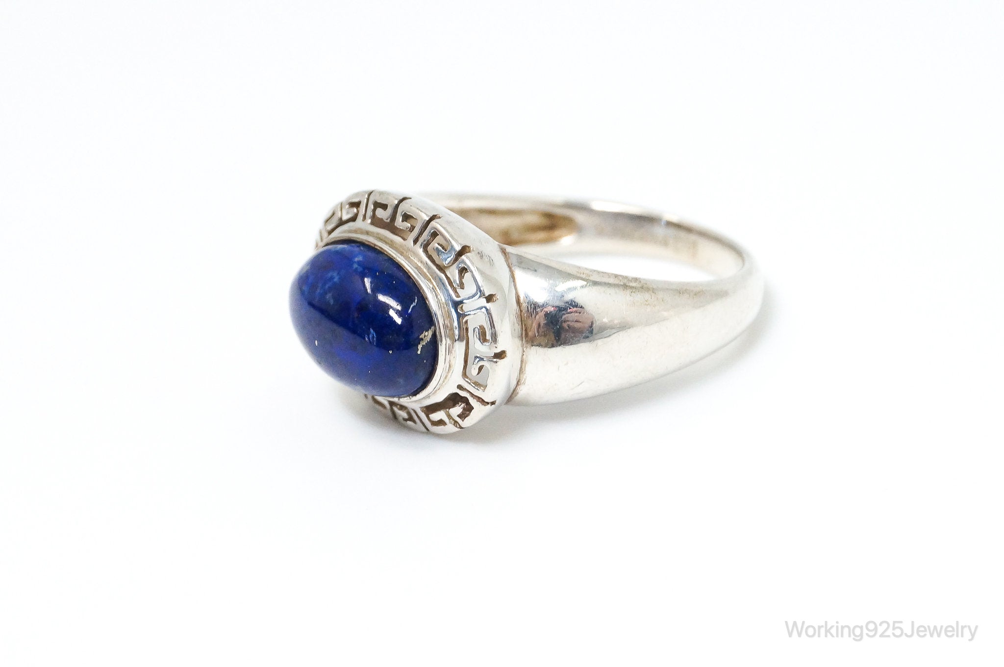 VTG Designer GV Lapis Lazuli Greek Key Design Sterling Silver Ring - SZ 9