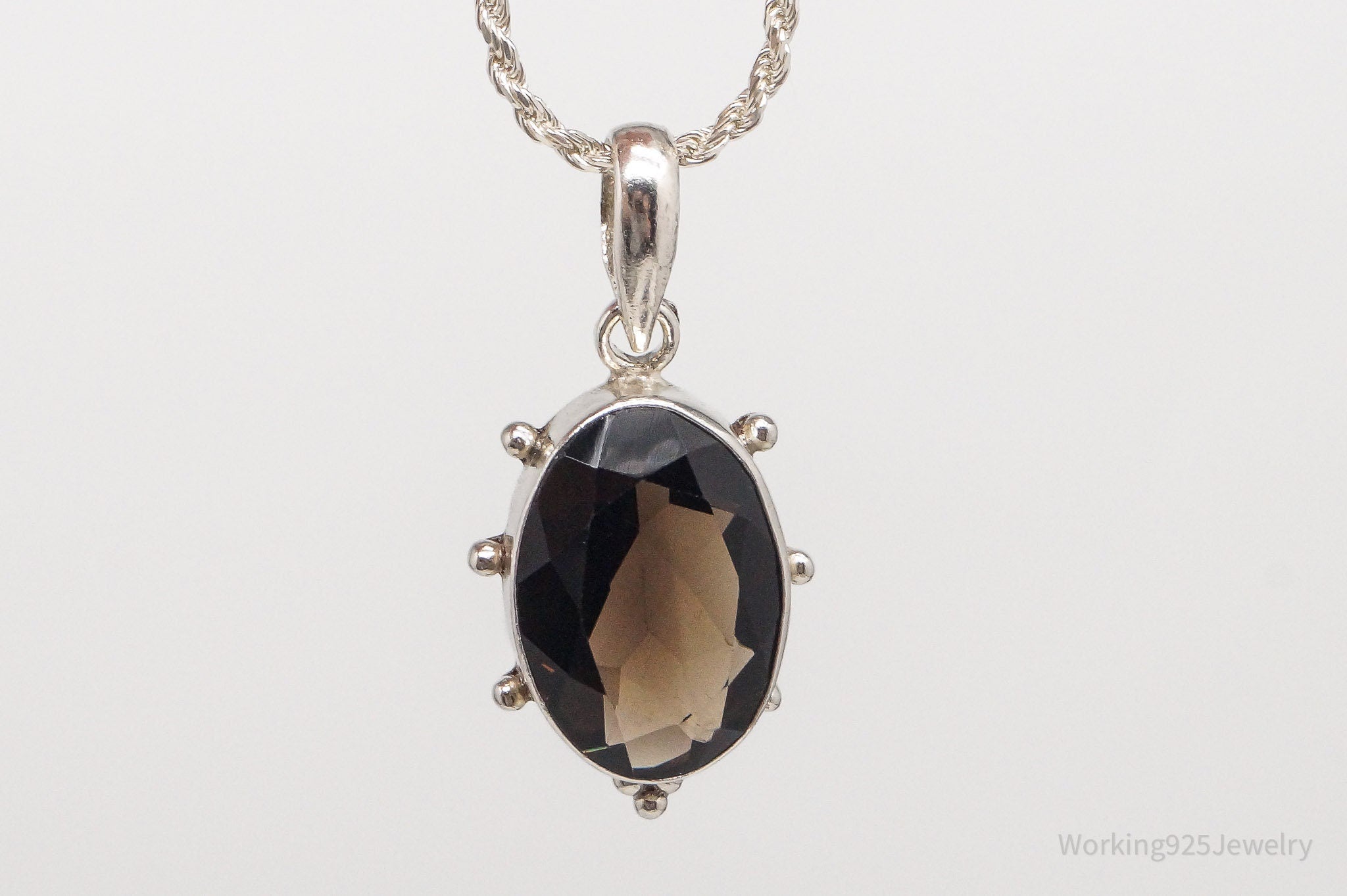 Vintage Large Smoky Topaz Sterling Silver Necklace 16"