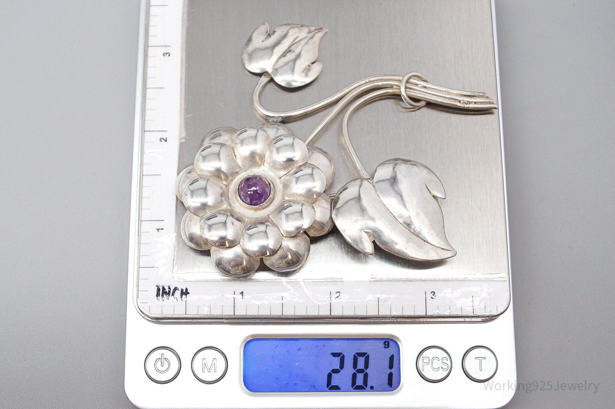 Large Vintage Mexico Modernist Flower Amethyst & Sterling Silver Brooch Pin