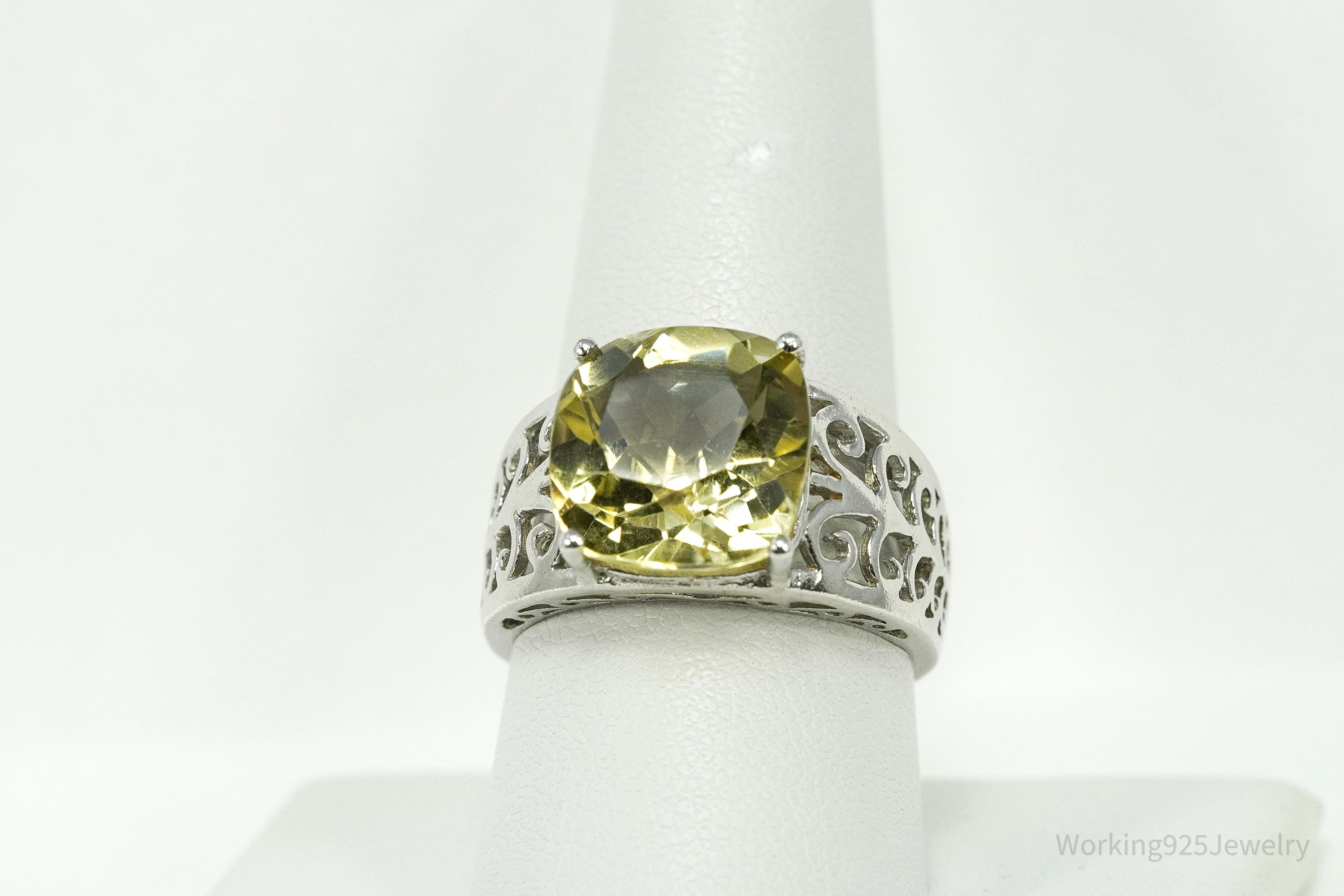 Vintage Large Lemon Citrine Sterling Silver Ring - Size 9
