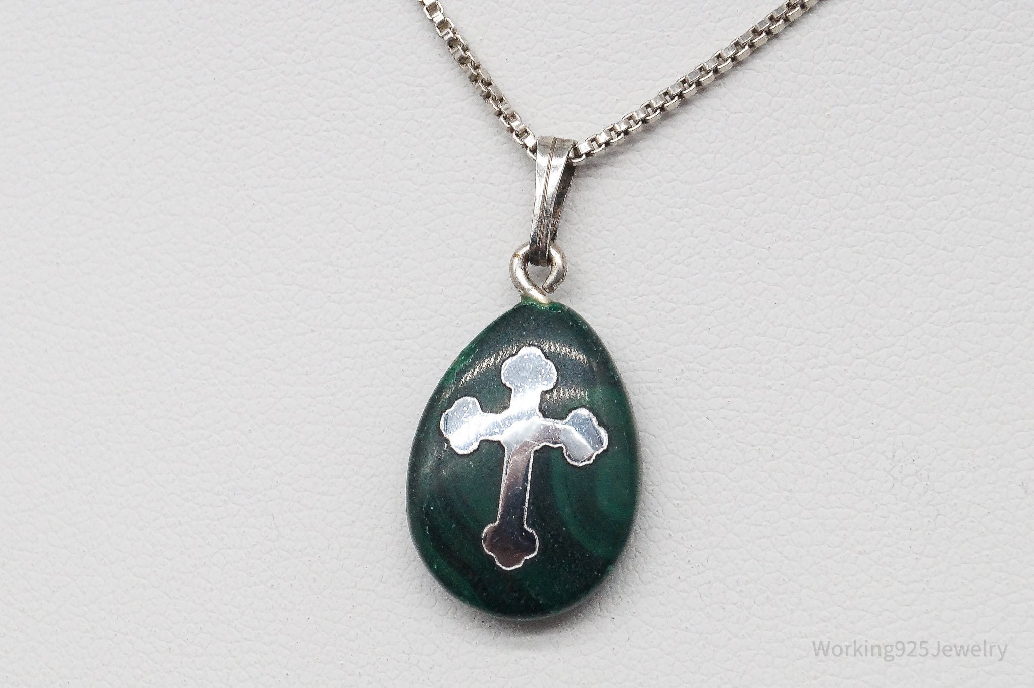 Vintage Cross On Malachite Sterling Silver Necklace - 18"