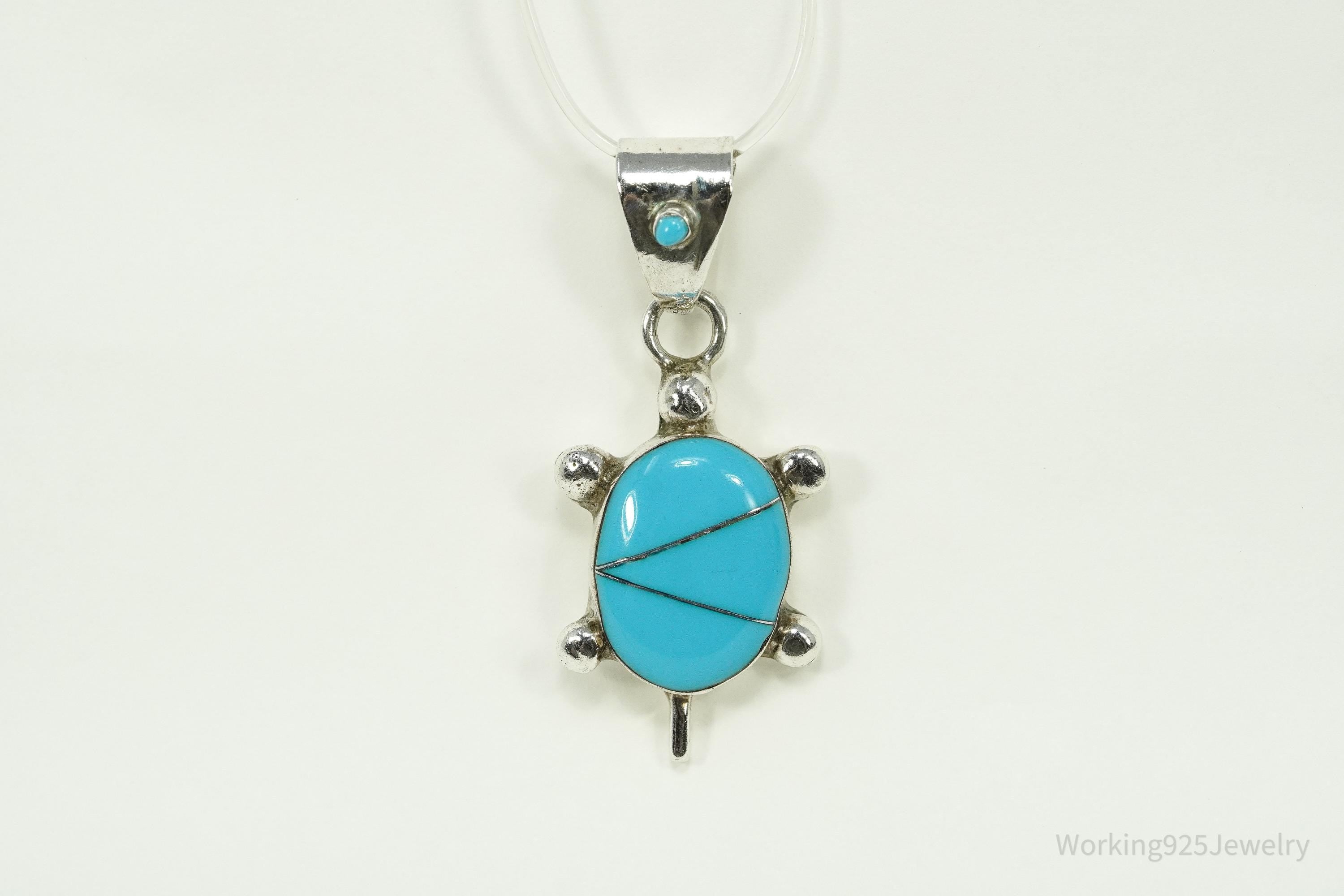 Vintage Native American Turquoise Inlay Turtle Sterling Silver Pendant 1.5"