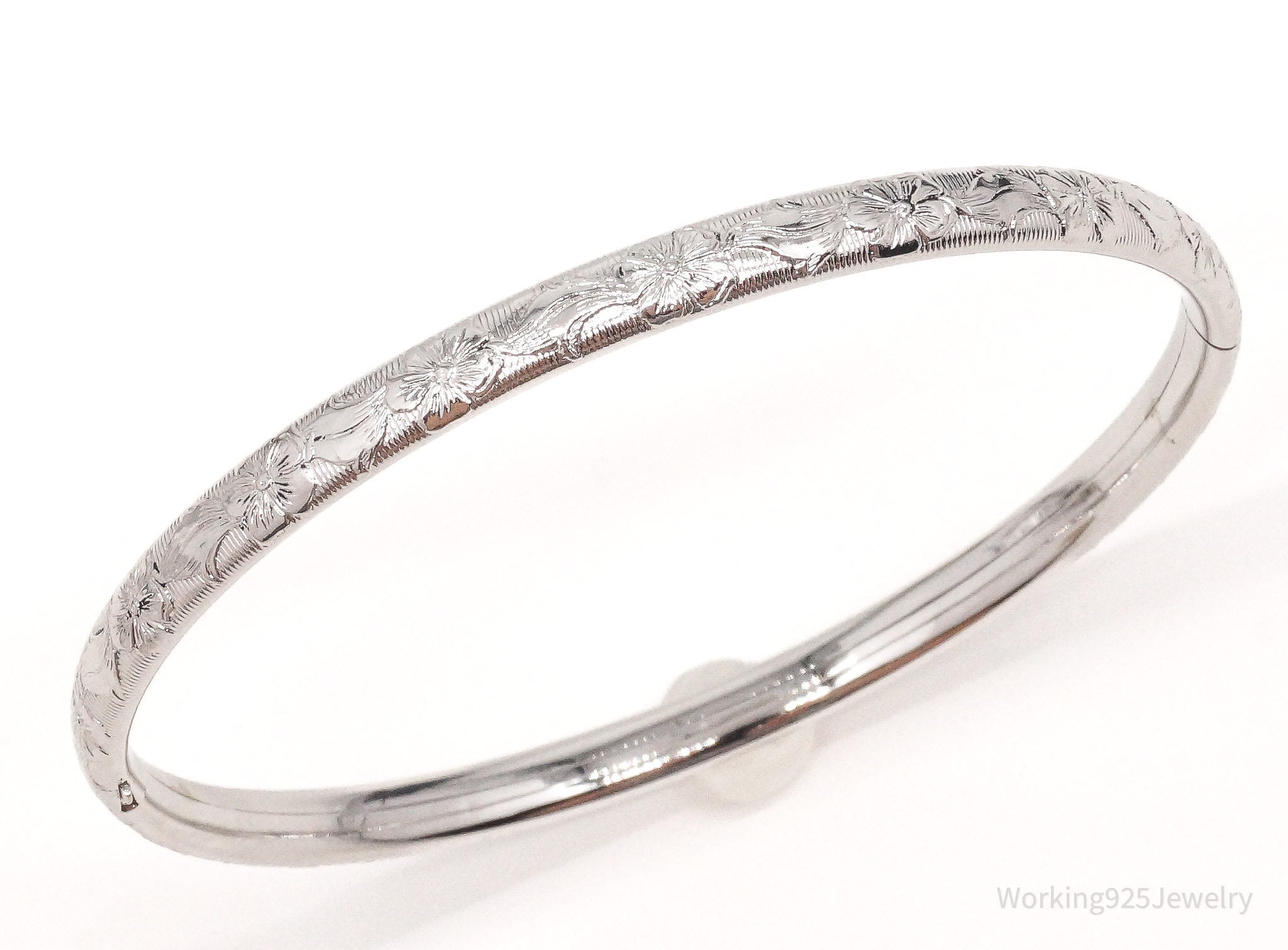 Vintage MARATHON Art Nouveau Style Sterling Silver Bangle Bracelet 7.25"