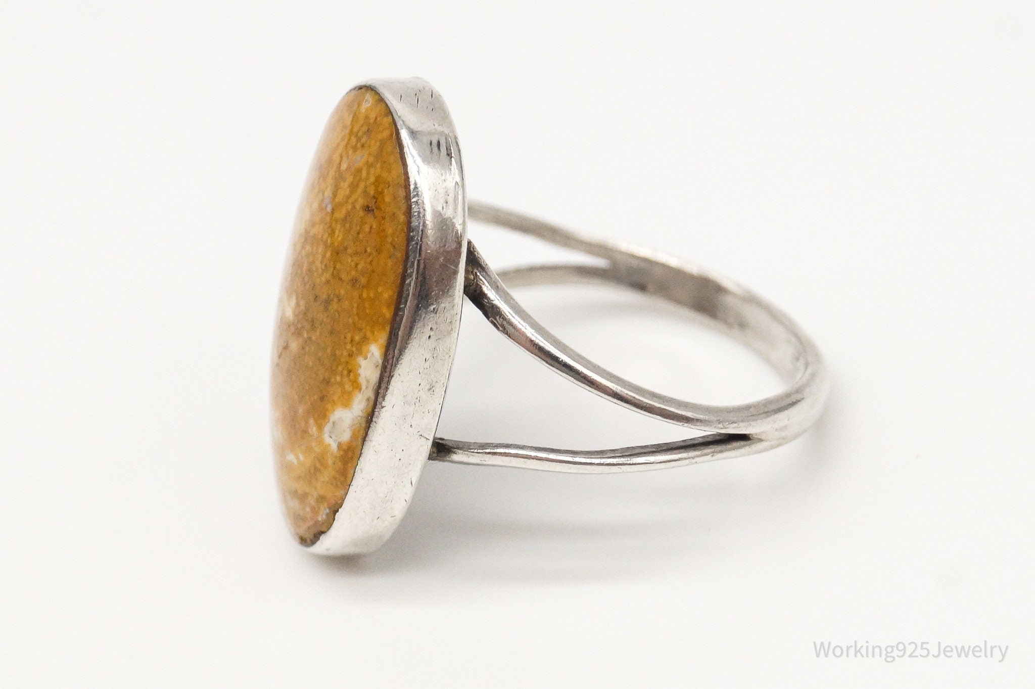 Vintage Yellow Brown Agate Silver Ring - Size 6