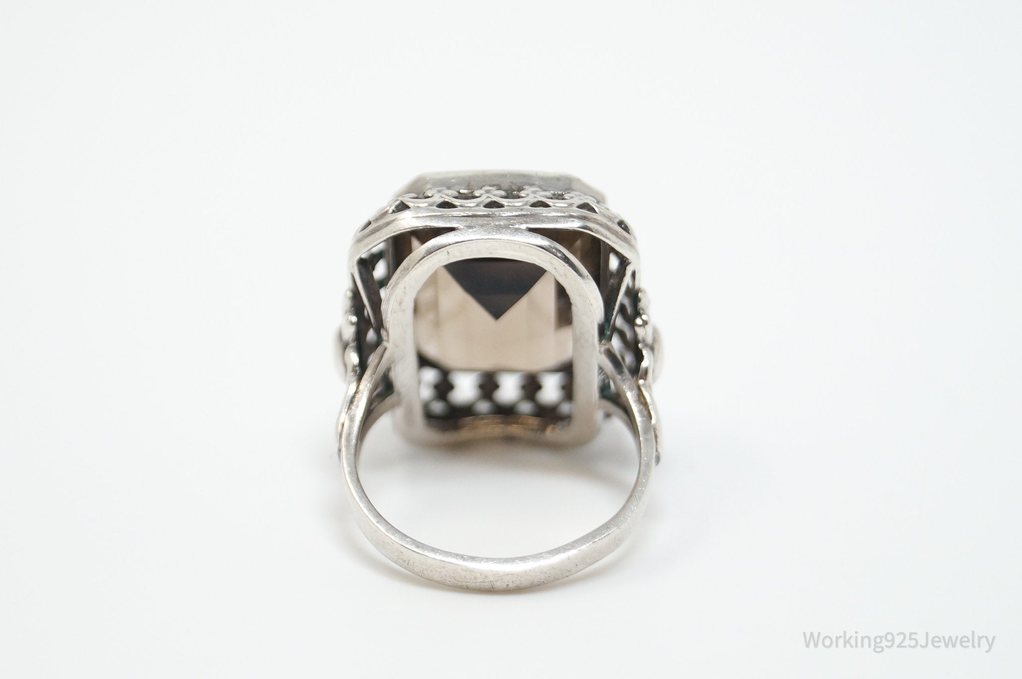 Vintage Large Smoky Topaz 835 Silver Ornate Statement Ring - Sz 6