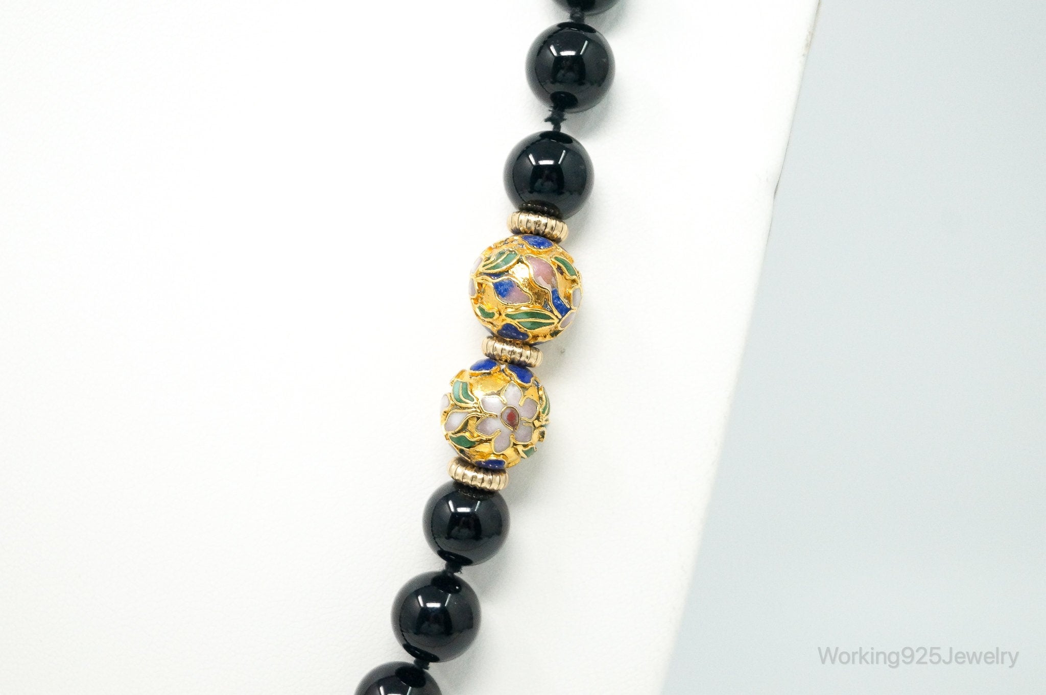 Vintage Long Black Onyx Cloisonne Beads Necklace