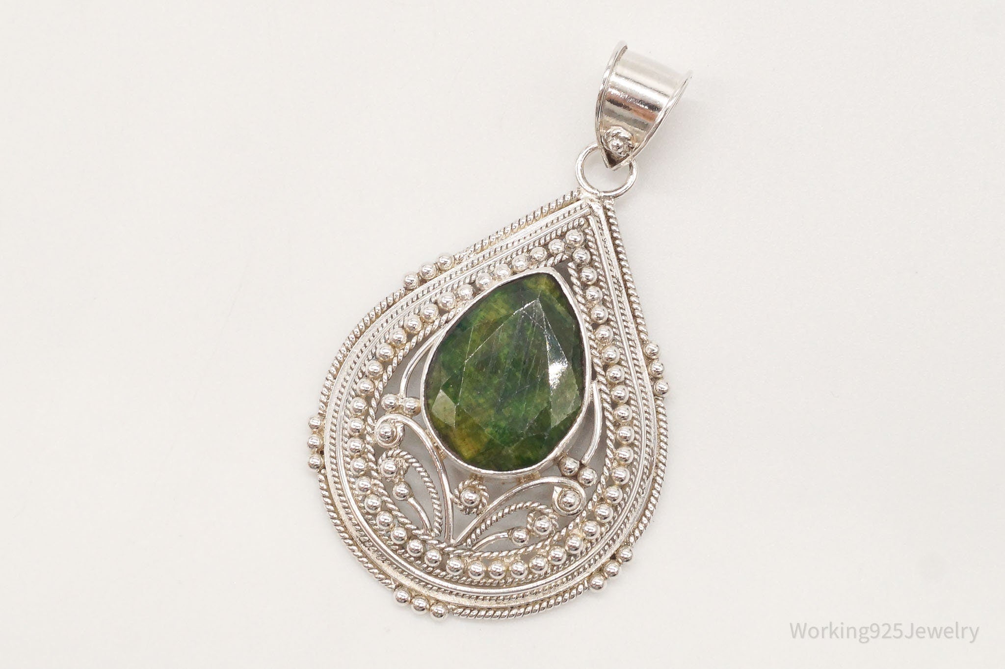 Vintage Large Green Stone Sterling Silver Pendant