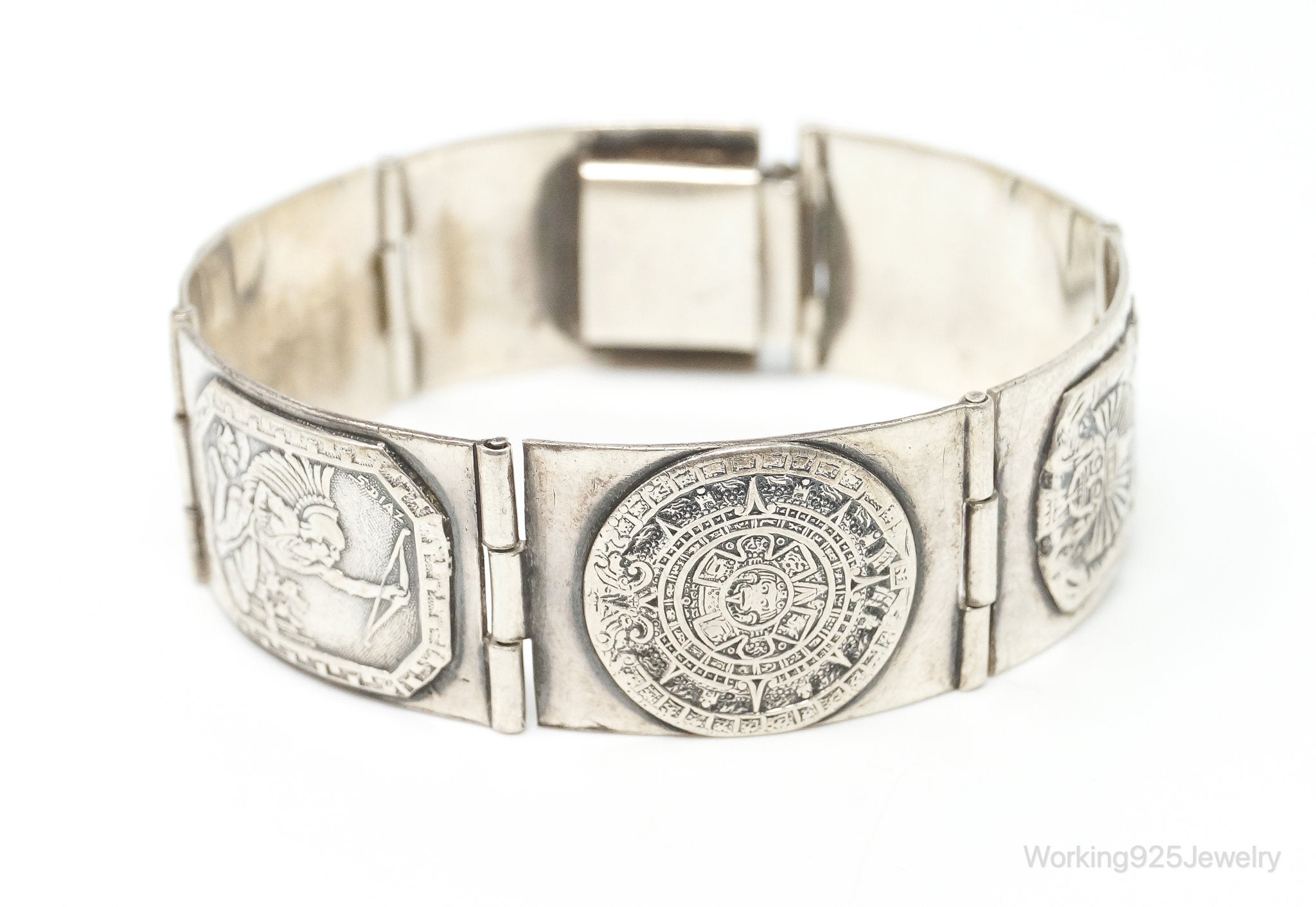 Vintage Mexico Aztec Pictures Sterling Silver Panel Bracelet