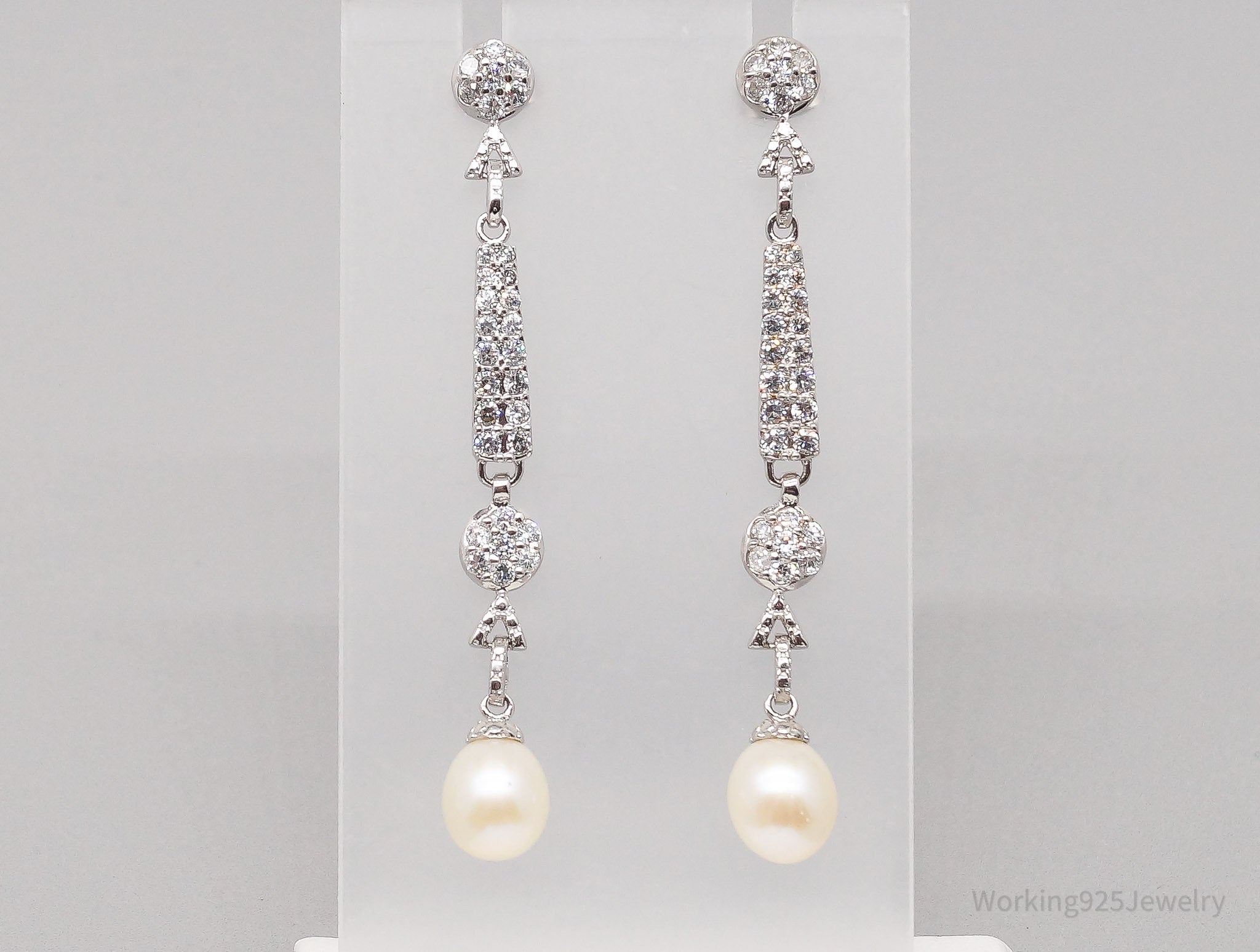 Vintage CGI Faux Pearl Cubic Zirconia Silver Tone Earrings