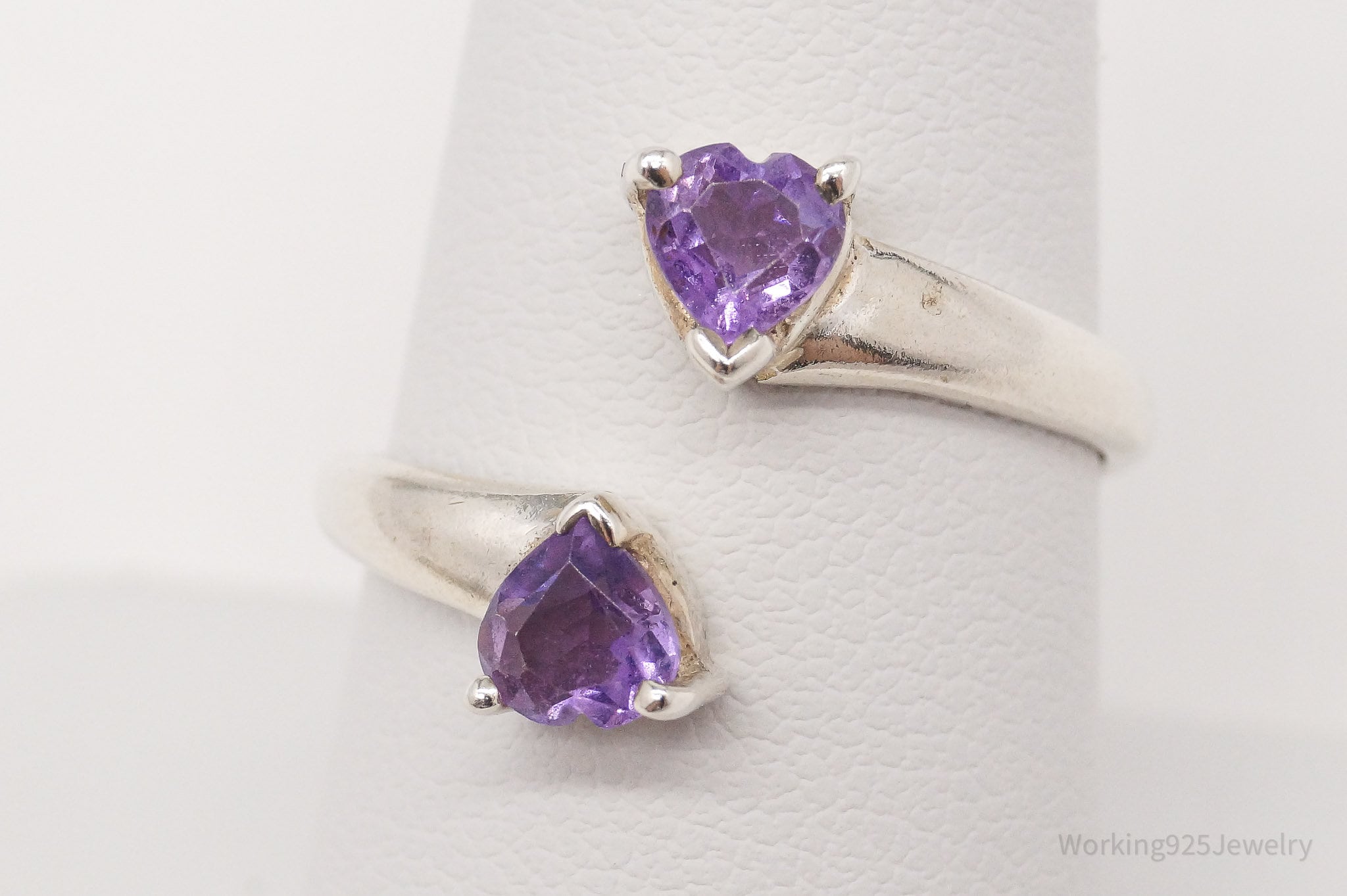 Vintage Amethyst Hearts Sterling Silver Wrap Ring - Size 8.75 Adjustable