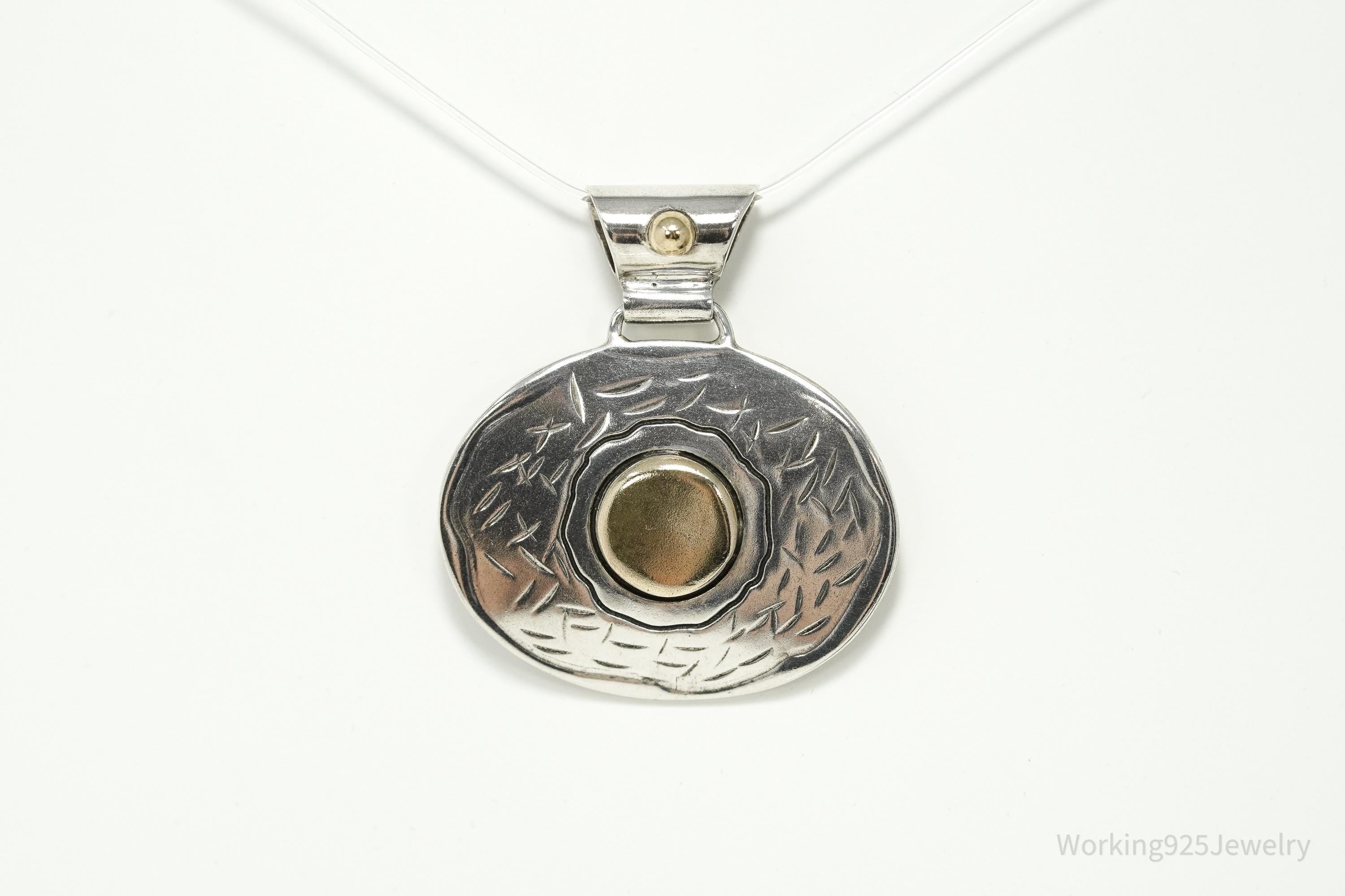 Large Vintage ATI Mexico Two Tone Sterling Silver Necklace Pendant 1.75"