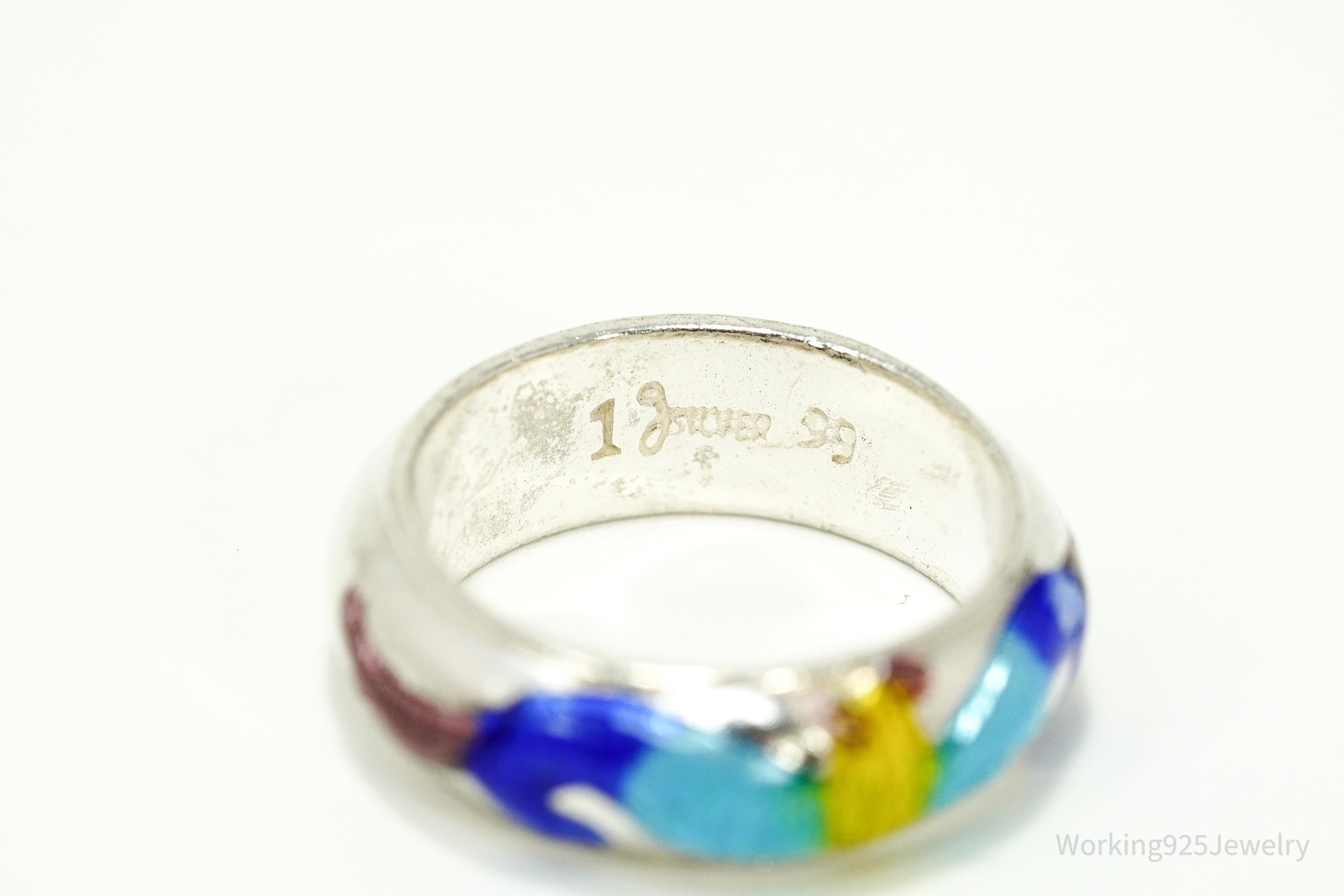 Vintage Enamel Silver Band Ring Size 6.25