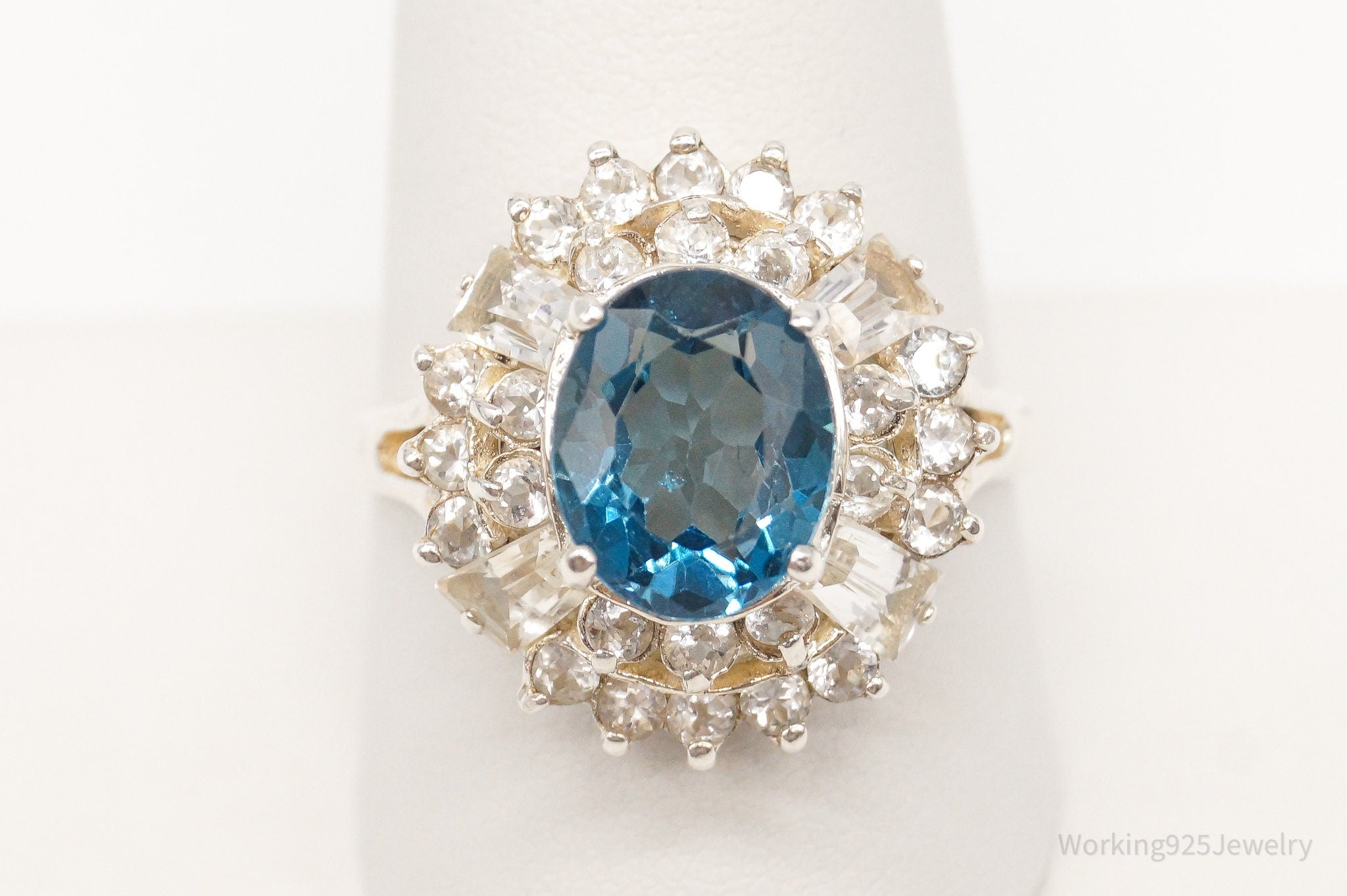 Vintage Large London Blue Topaz Cubic Zirconia Sterling Silver Ring - Size 10.25