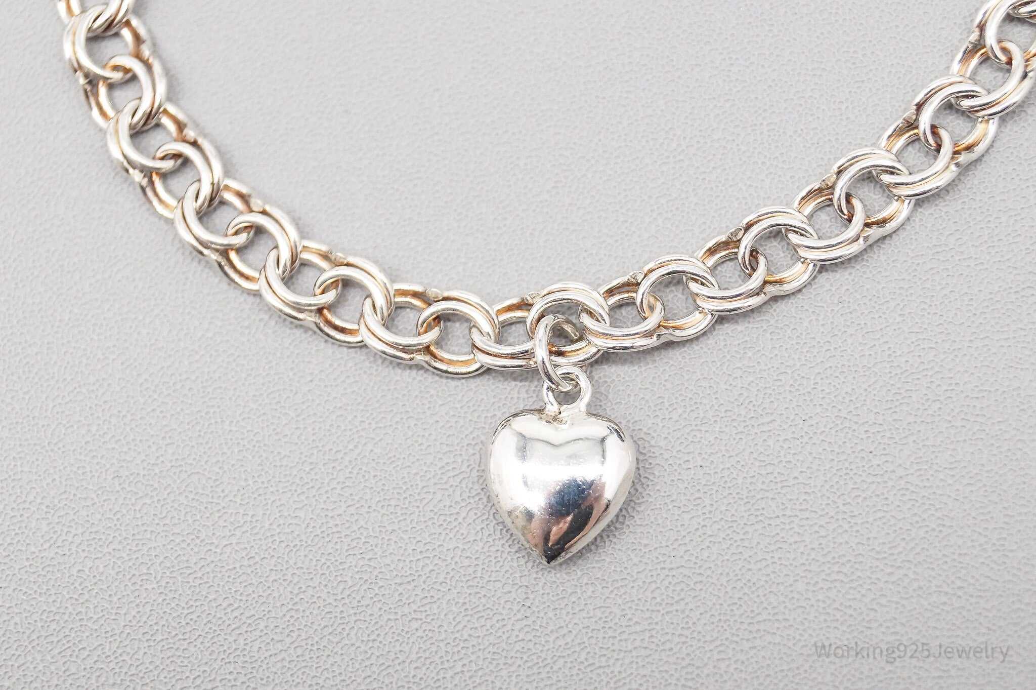 Vintage Puffy Heart Charm Chain Link Sterling Silver Bracelet