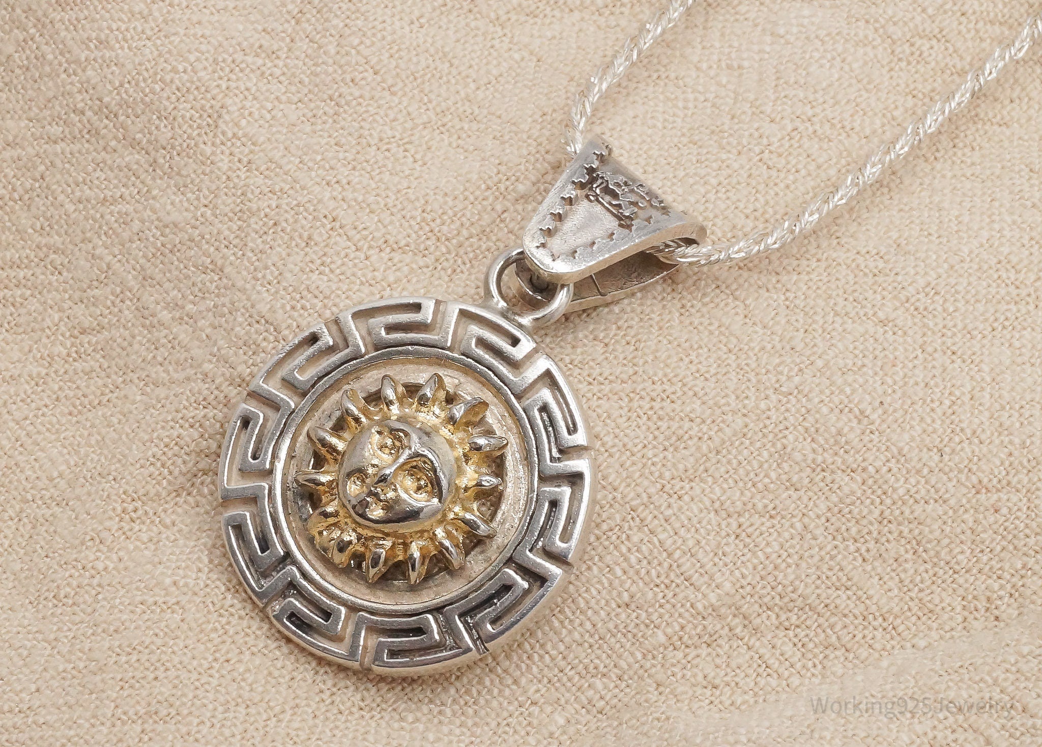 Vintage Mexico Golden Sun Sterling Silver Chain Necklace 18"