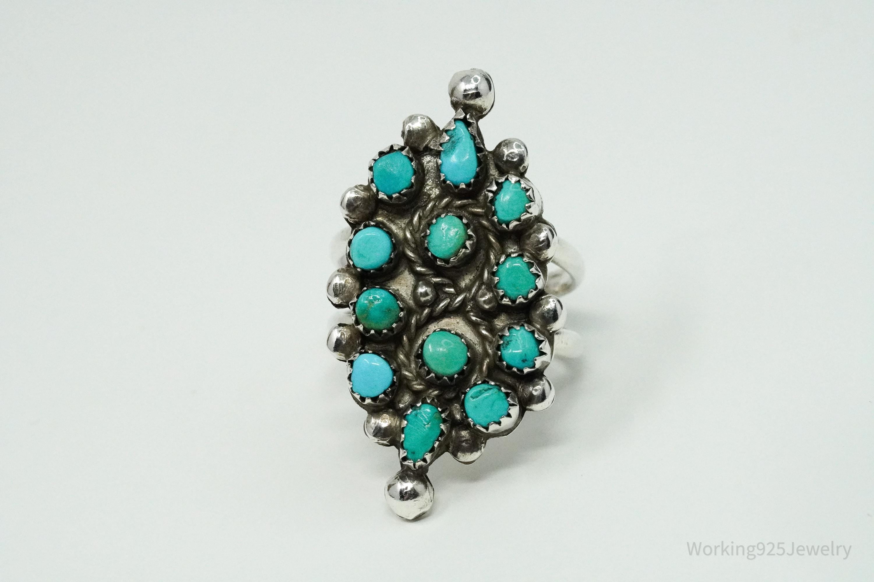 Vintage Handmade Native American Turquoise Inlay Unsigned Silver Ring - Size 10.75