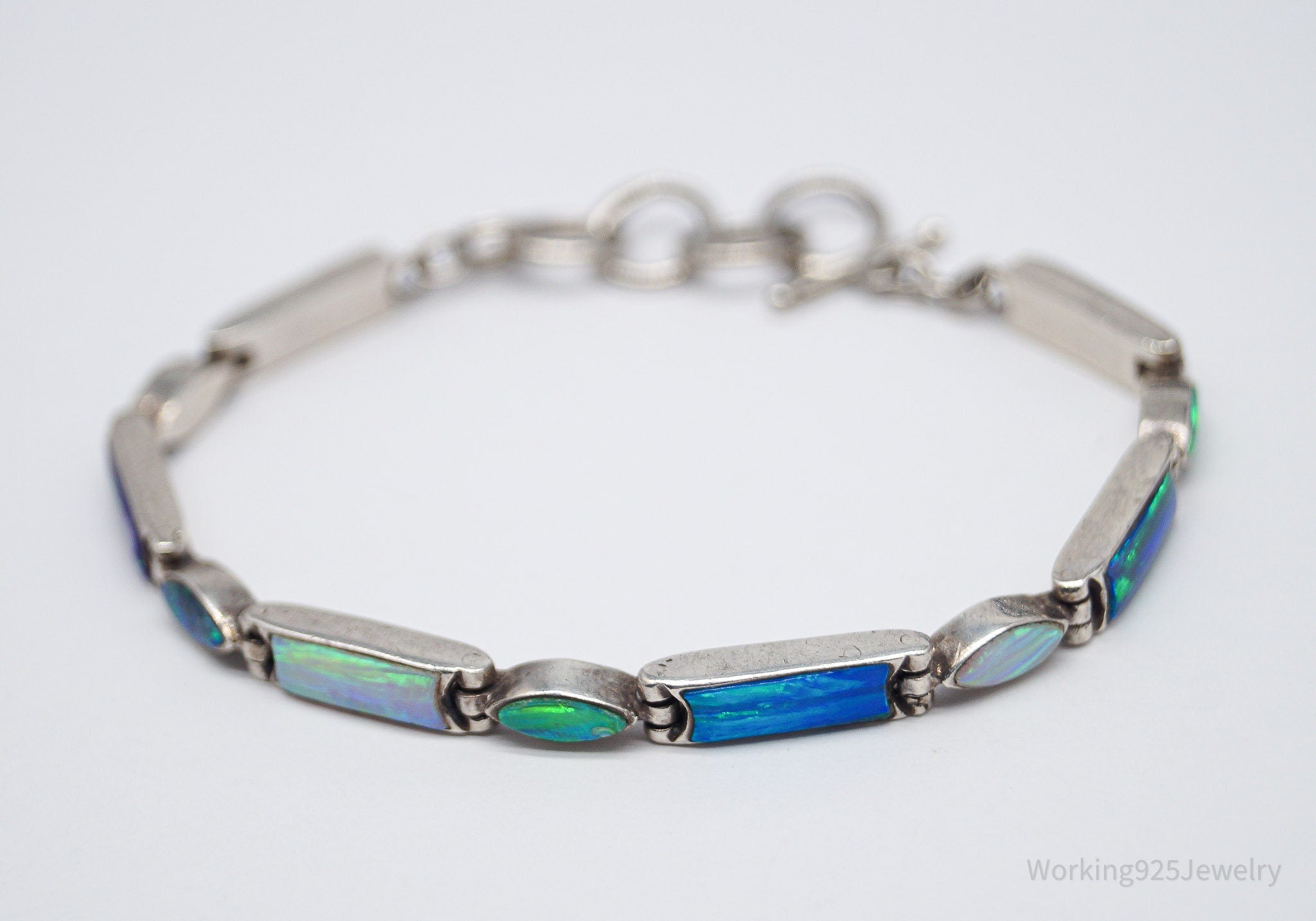Vintage Opal Inlay Sterling Silver Bracelet - 7.5"
